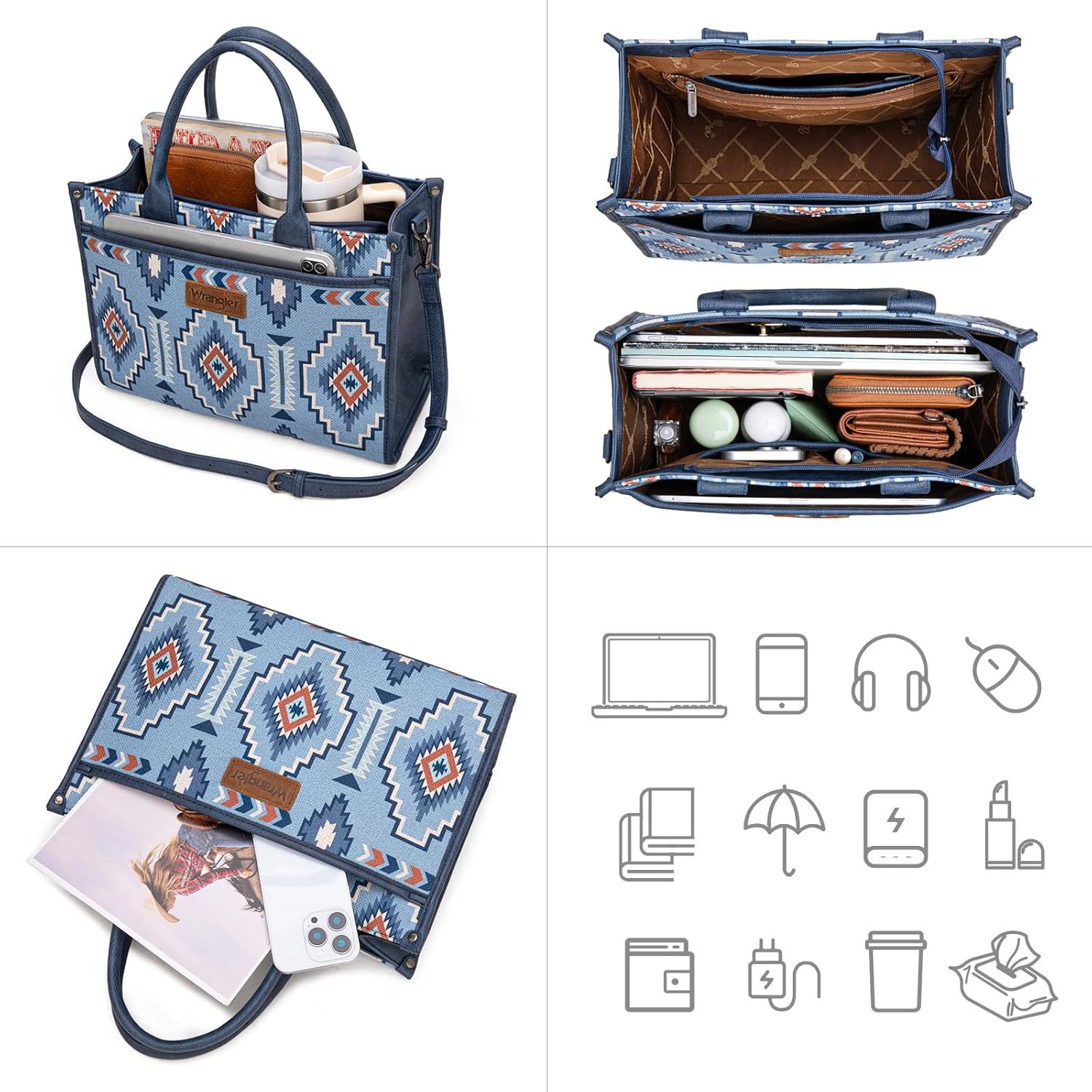 Wrangler Laptop Bag 13.3 Inch Western Large Tote Bag Womens Canvas Work Bag Briefcase Handbag Purses - Image 3