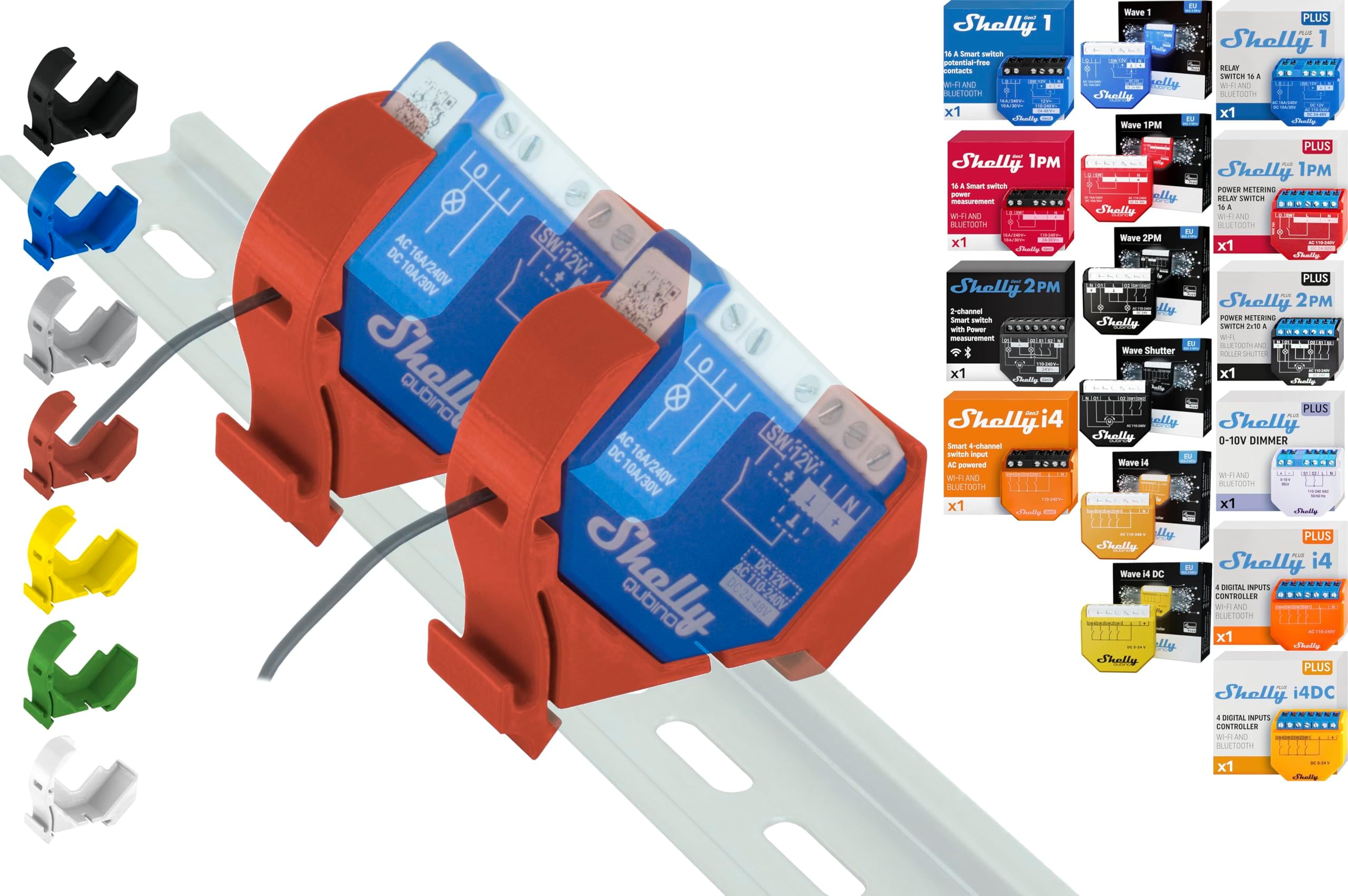 Shelly "Mini" DIN Rail Holder for 18 Shellys: 1 Gen3, 1PM Gen3, 2PM Gen3, i4 Gen3, Plus 1, Plus 1PM, Plus 2PM, Plus i4, Plus 0-10V Dimmer, Wave 1, Wave 1PM, Wave 2PM, Wave Shutter, Wave i4 (2x Red