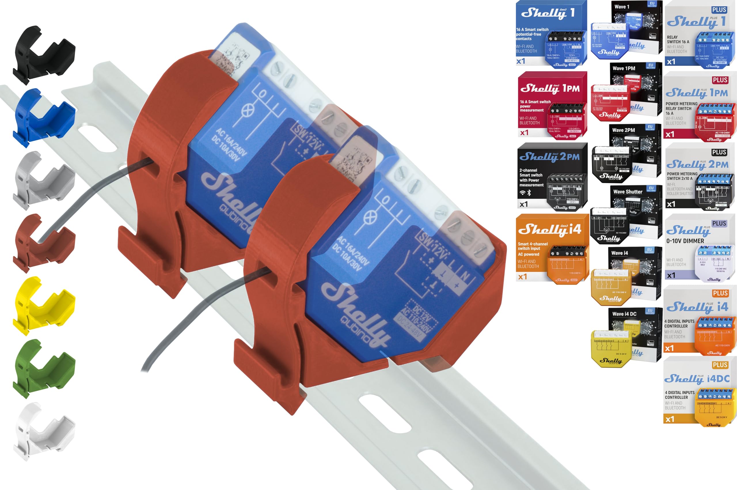 Shelly "Mini" DIN Rail Holder for 18 Shellys: 1 Gen3, 1PM Gen3, 2PM Gen3, i4 Gen3, Plus 1, Plus 1PM, Plus 2PM, Plus i4, Plus 0-10V Dimmer, Wave 1, Wave 1PM, Wave 2PM, Wave Shutter, Wave i4 (2x Red