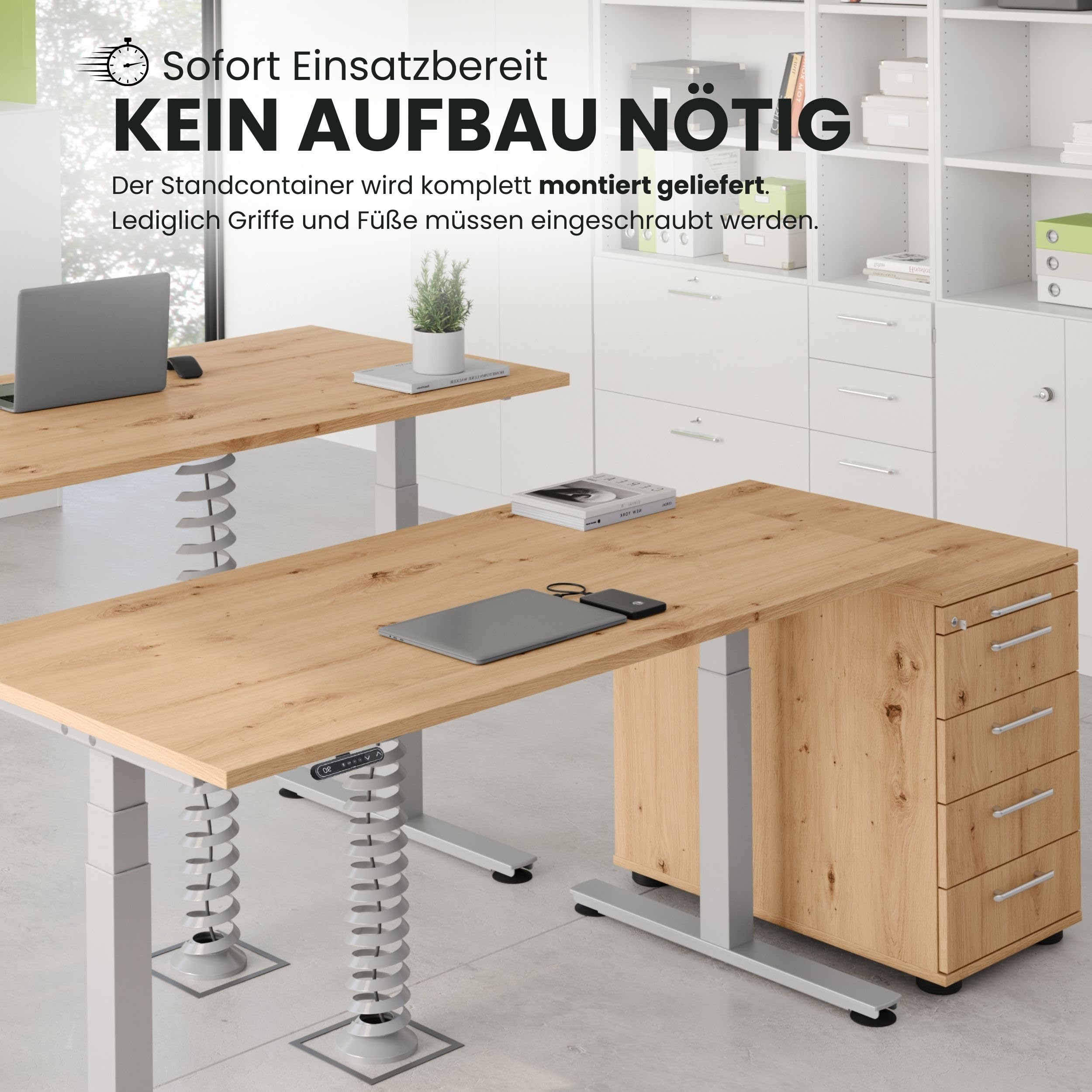 bümö Schreibtisch Schrank abschließbar, Schubladenschrank Holz in Asteiche, Container mit Schubladen - Schubladen Schrank Büro, Schreibtisch Container od. Schreibtisch Kommode mit Relinggriffe