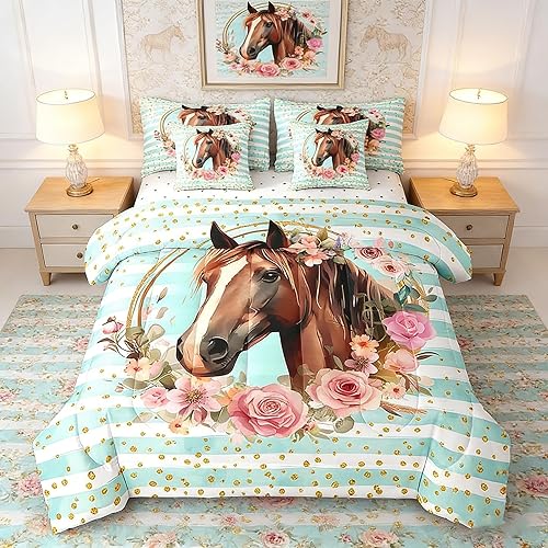 Manfei 7 Pieces Floral Horse Comforter Set King, Watercolor Flower Animal Bed Se