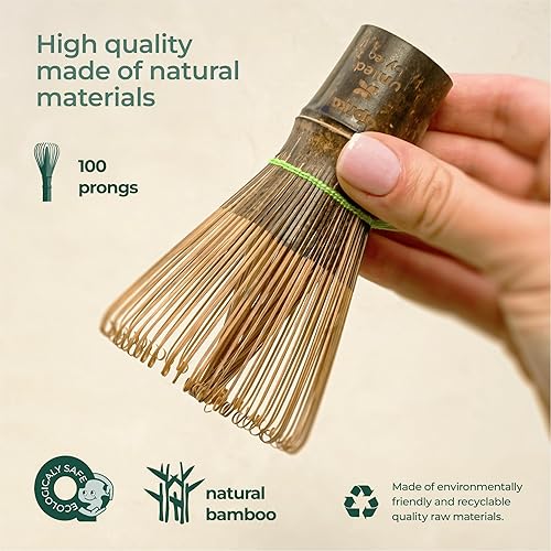 Miniatura 9 de AprikaLife Juego de batidor de bambú Matcha, kit de inicio tradicional hecho a mano incluido batidor (Chasen) con 100 puntas, cuchara (Chashaku),