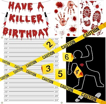 Halloween Crime Scene Decorations Kit Have A Killer Birthday Banner Body Silhouette Crime Scene Tape Evidence Markers Mugshot Backdrop for Detective Murder Mystery Dexter Party Decorations