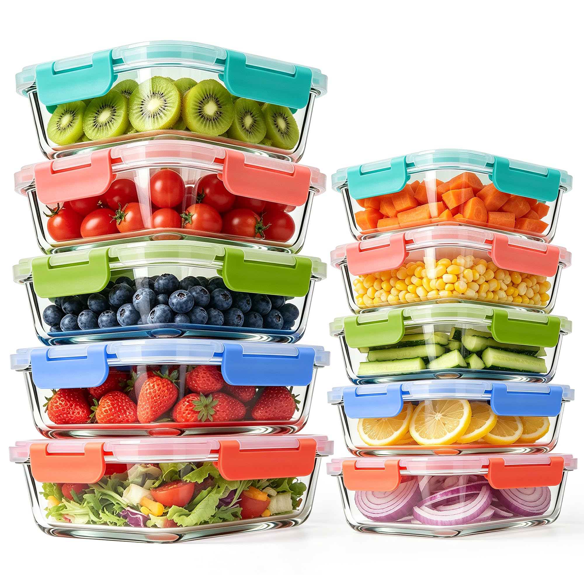 Meetoz Colorful 10 Pack Glass Containers With Lids, Glass Meal Prep Containers