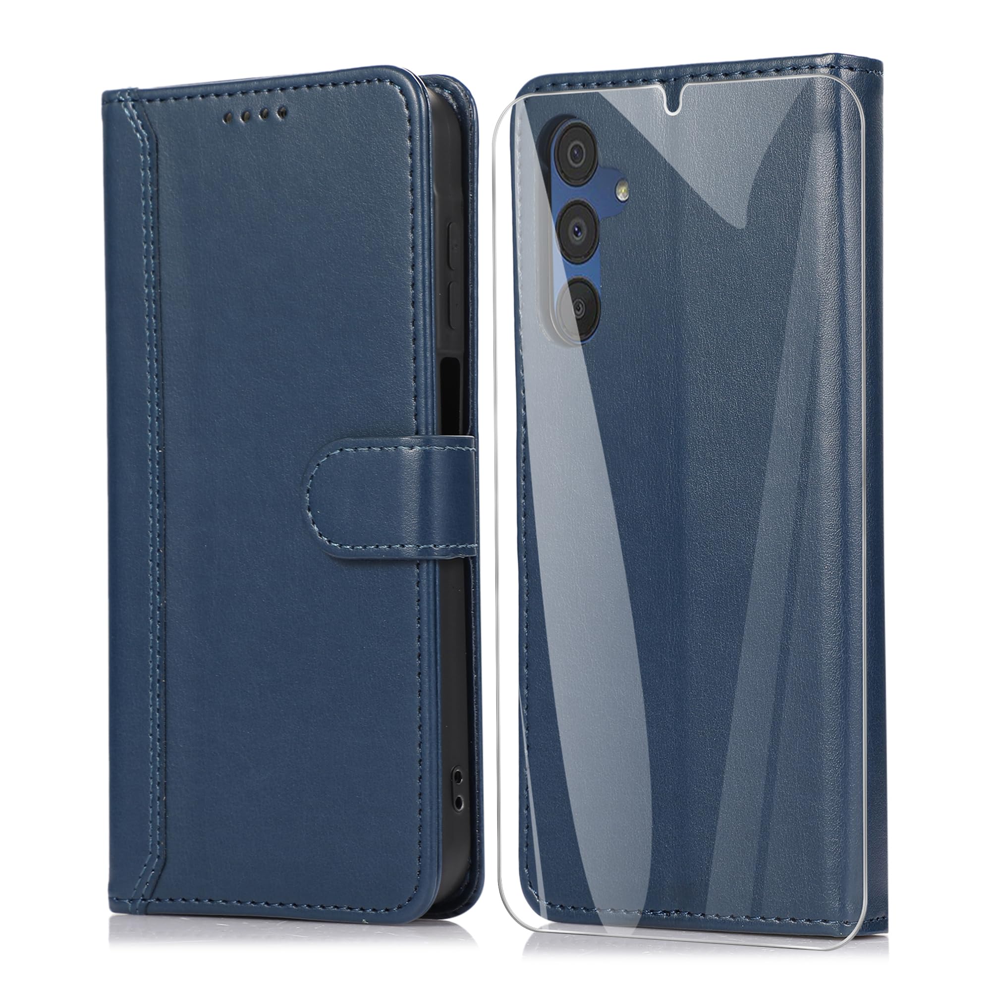 SMYTU Custodia per Samsung Galaxy A15 4G / 5G + Vetro Temperato,Cover a Libro Samsung Galaxy A15 4G,Custodia Flip in Pelle Magnetica Portafoglio Per Samsung Galaxy A15 5G - Blu