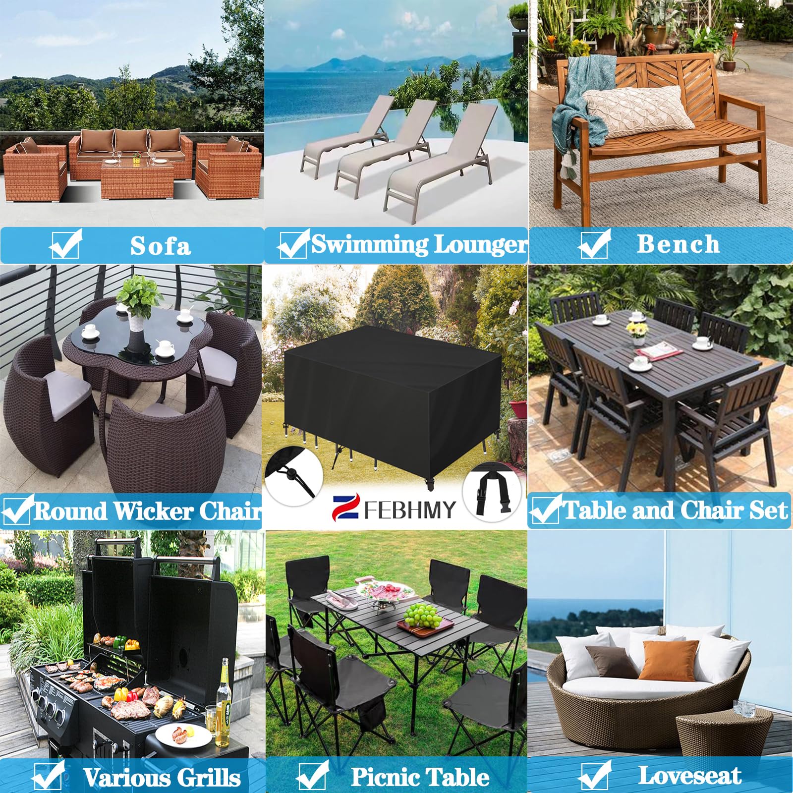 Housse Salon De Jardin Exterieur 170x170x100cm 420D Housse De