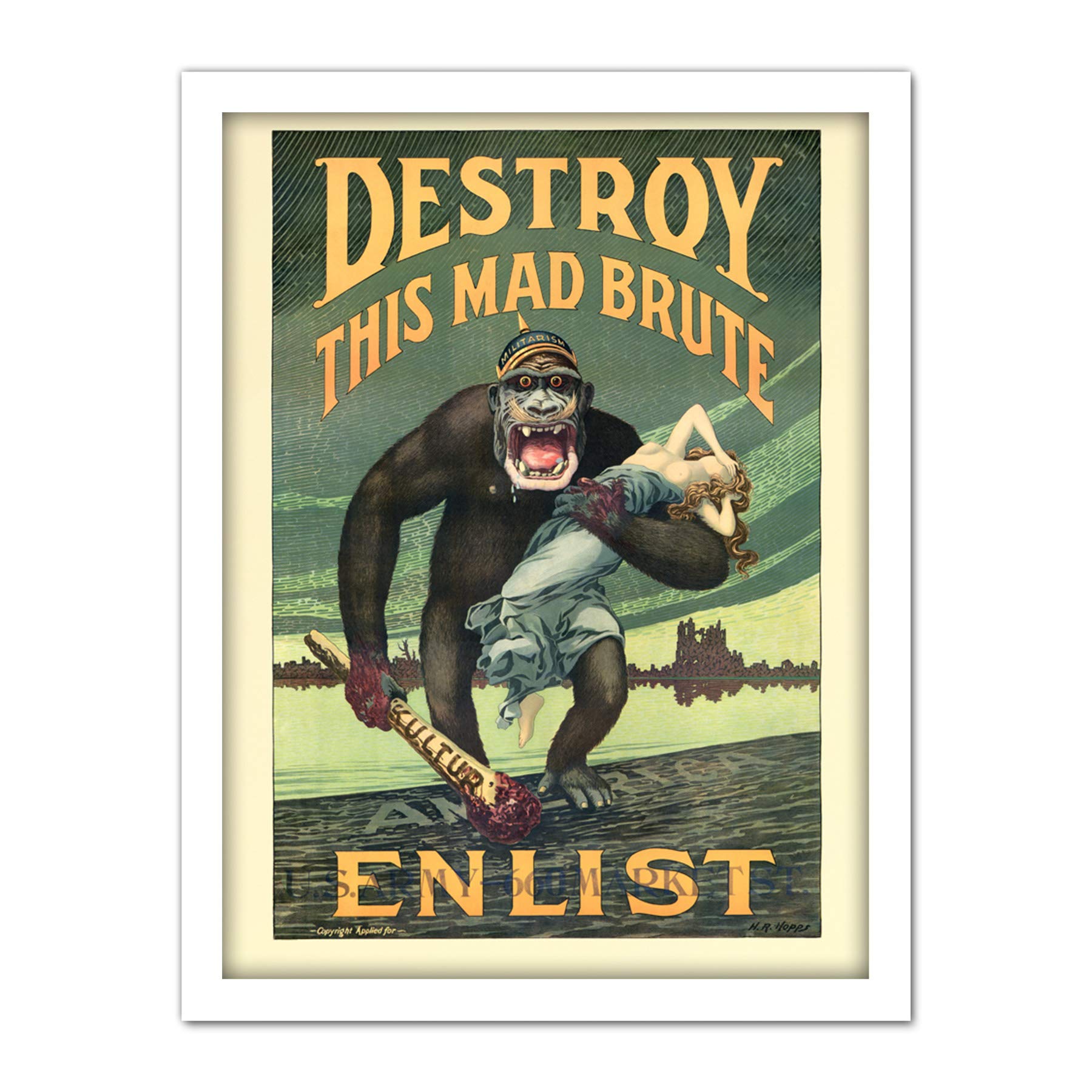 Hopps Destroy Brute US Army Recruitment WWI War Advert Artwork Framed Wall Art Print 18X24 Inch