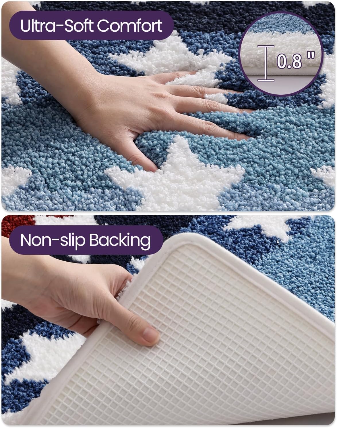 DEXI Rustic Star Bathroom Rug, 20x32 Non Slip Washable Bath Mat Absorbent, Ultra Soft Plush Microfiber Bathmat Quick Dry for Shower Floor, Tub, Sink, Colorful Stripes