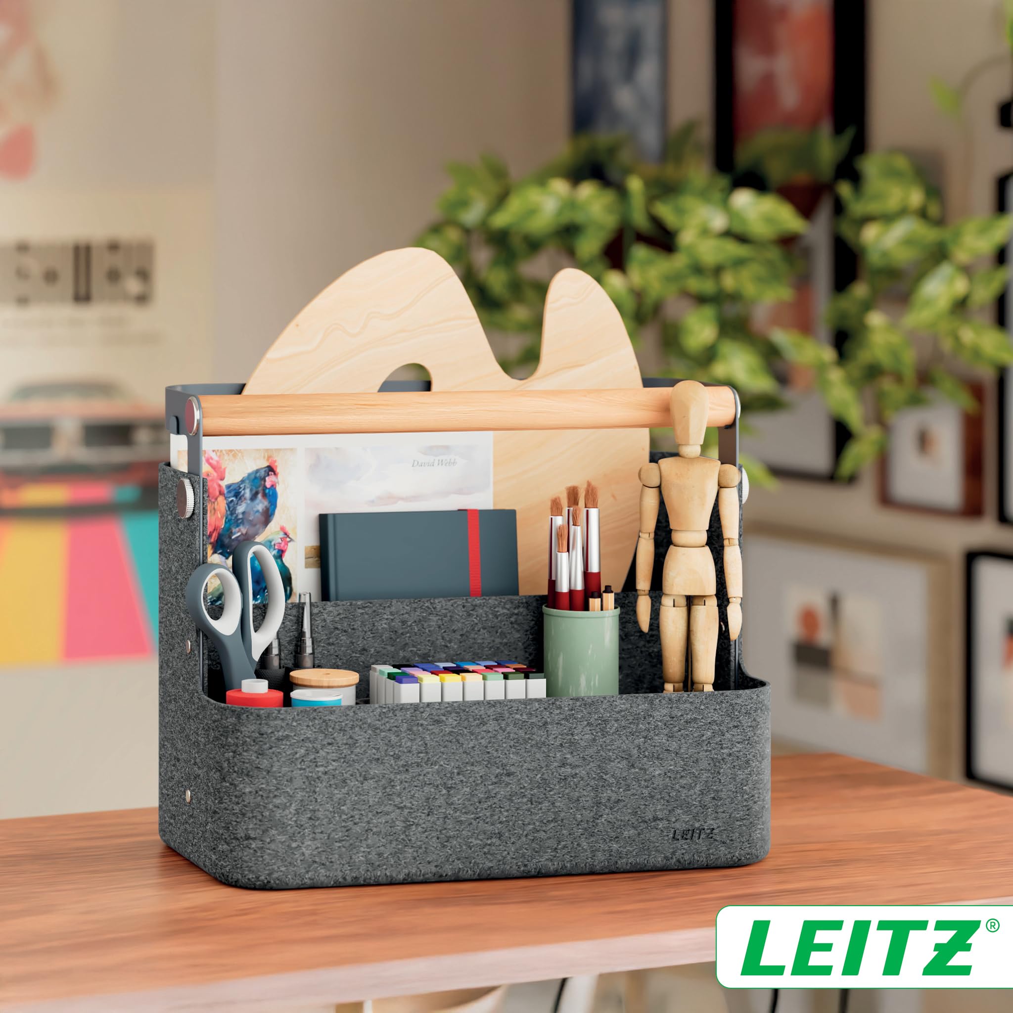 Leitz Organizer da Scrivania Portatile con Manico - Organizer per Hot Desk con Funzione Appendibile, Manico in Legno, Vassoio Interno Rimovibile e Porta Oggetti Elastici - 38 x 19 x 30-33cm