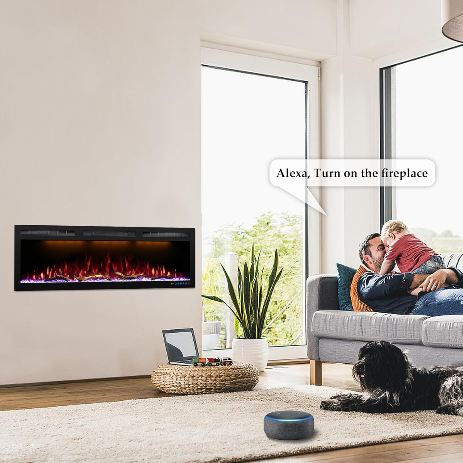 Image showing a person interacting with an Alexa device to control the fireplace, with the fireplace visible in the background.