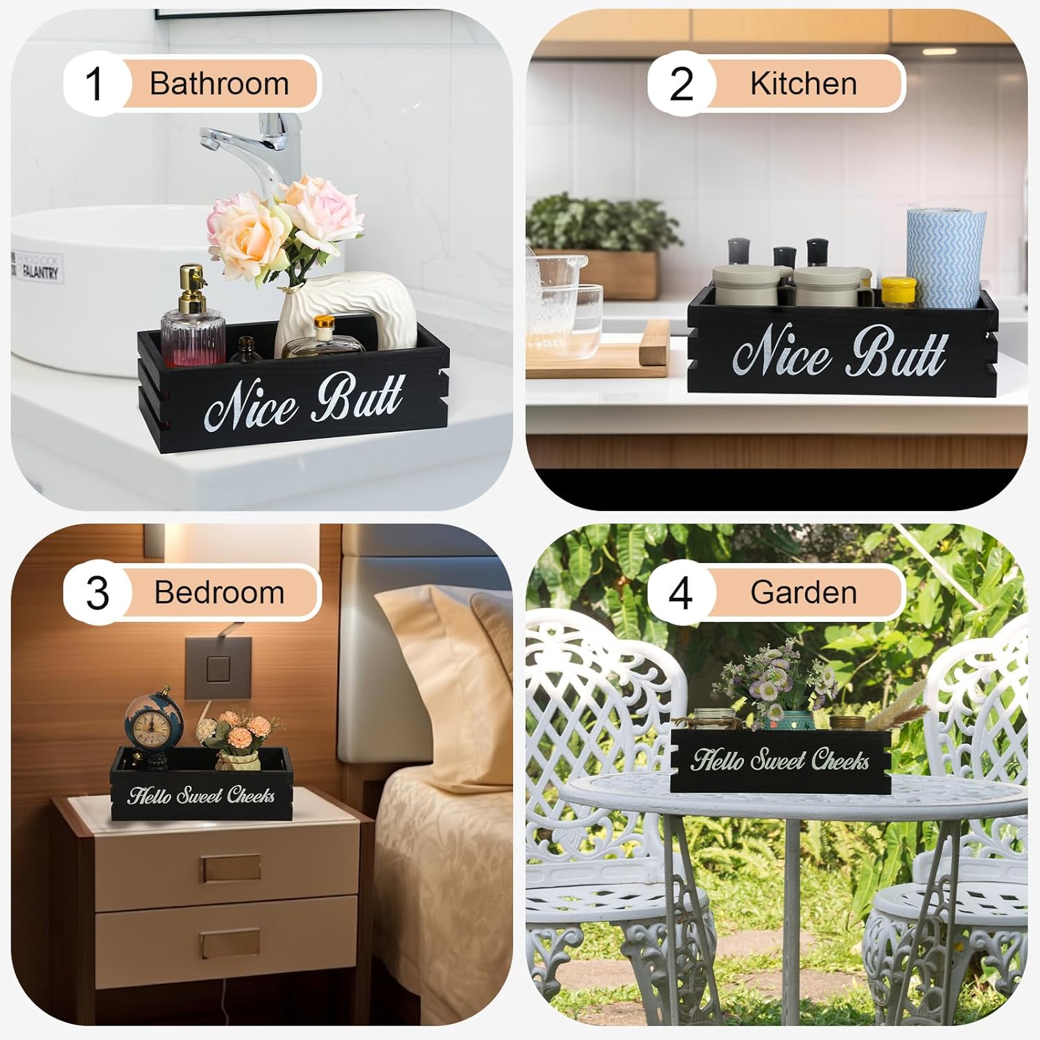 VOOWO Hello Sweet Cheeks Bathroom Decor Box, Nice Butt Bathroom Decor Box, Funny Toilet Paper Holder Wooden Toilet Paper Box for Rustic Farmhouse Bathroom Decor, Storage Baskets for Bathroom (Black)