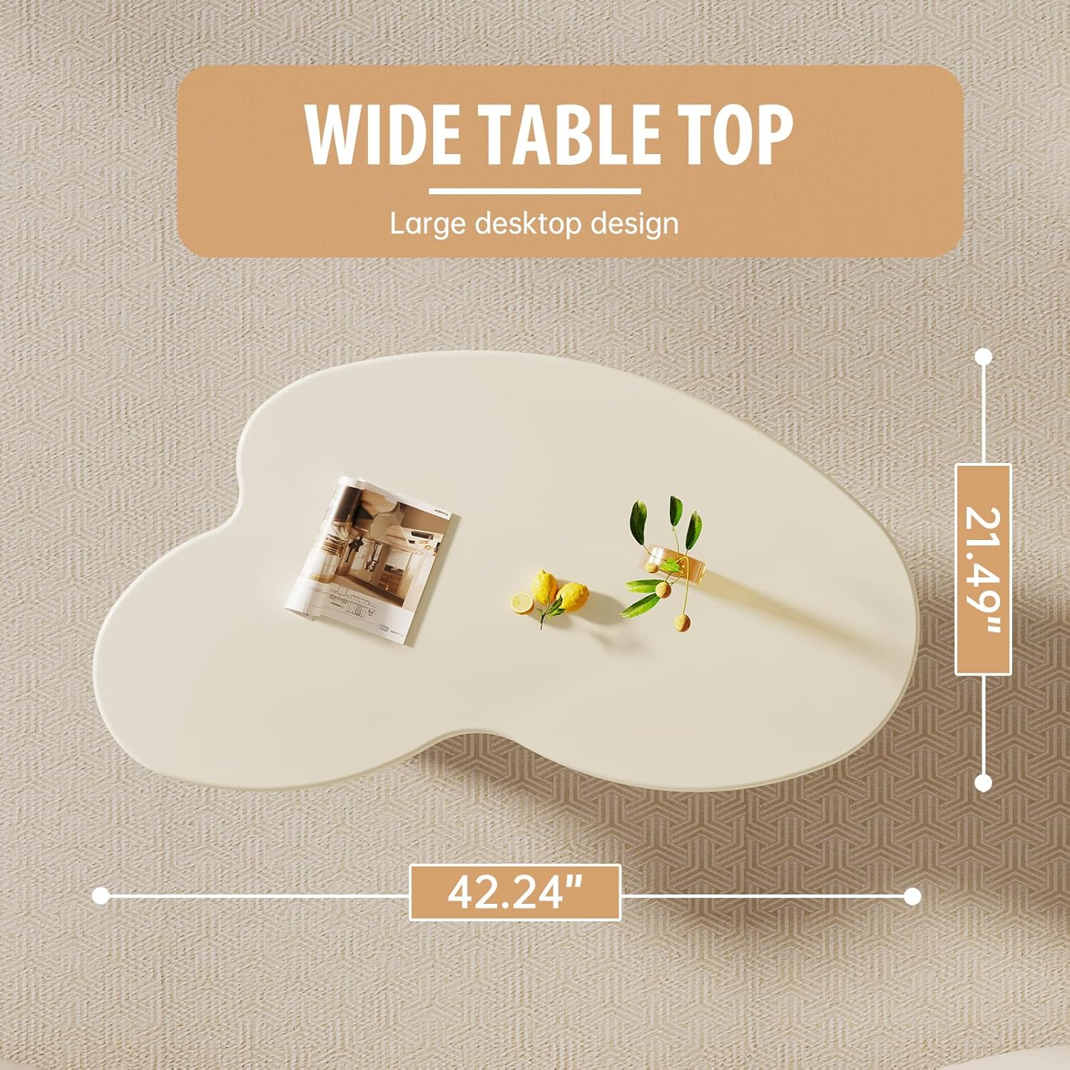 Guyii Cloud Coffee Table, 42.24" Irregular Cream White Coffee Table with 3 Legs, Modern Center Table for Living Room, Indoor Tea Table, Easy Assembly