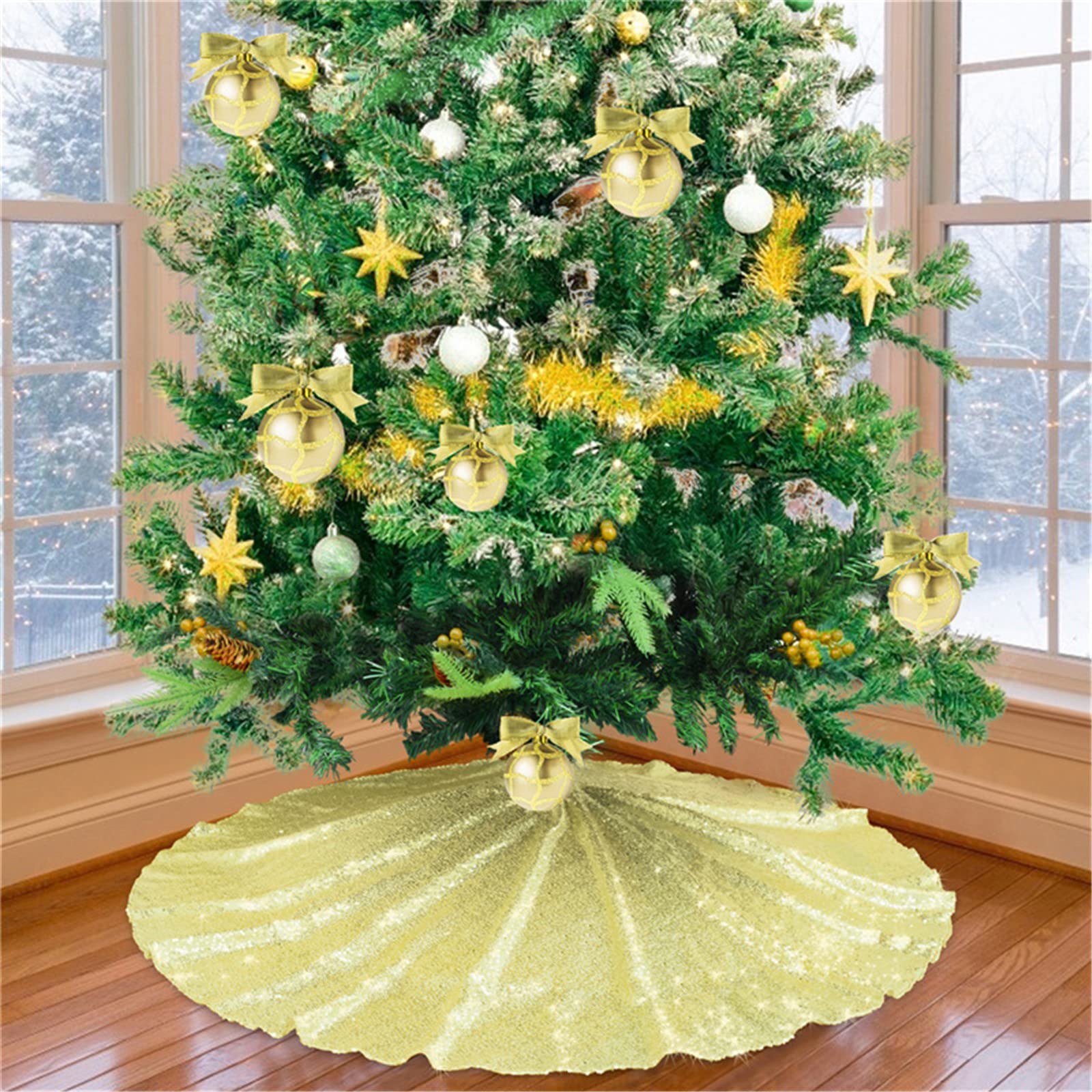 Gonna per albero di Natale, 122 cm, in velluto dorato, con paillettes, tappetino per albero di Natale, decorazione per albero di Natale