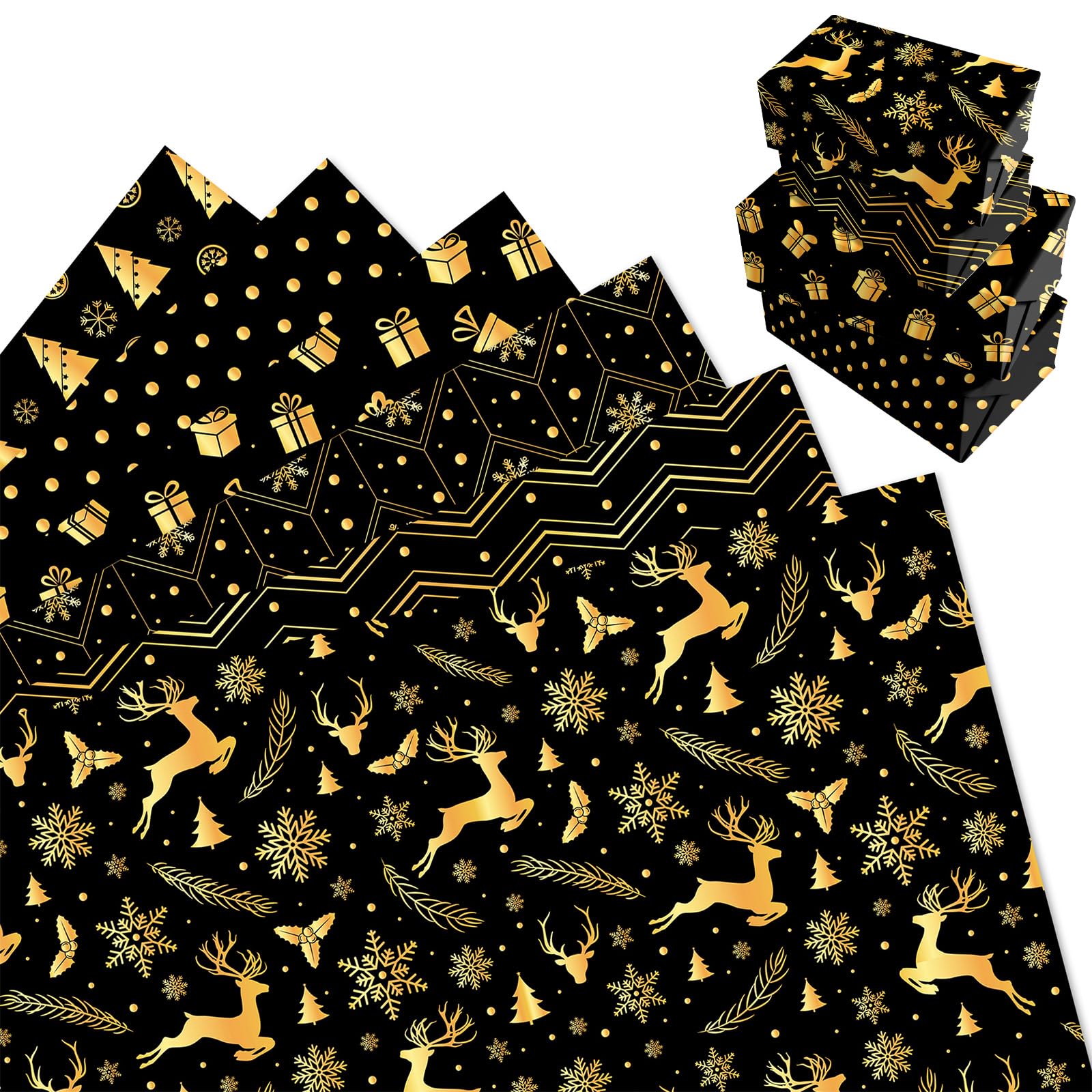 MORAINJAY 12 Bögen Weihnachts Geschenkpapier, Schwarz Gold Elchmotiv, Geschenkpapier für Mädchen, Kinder, Geburtstag, Winter, Weihnachten, 68 x 50 cm