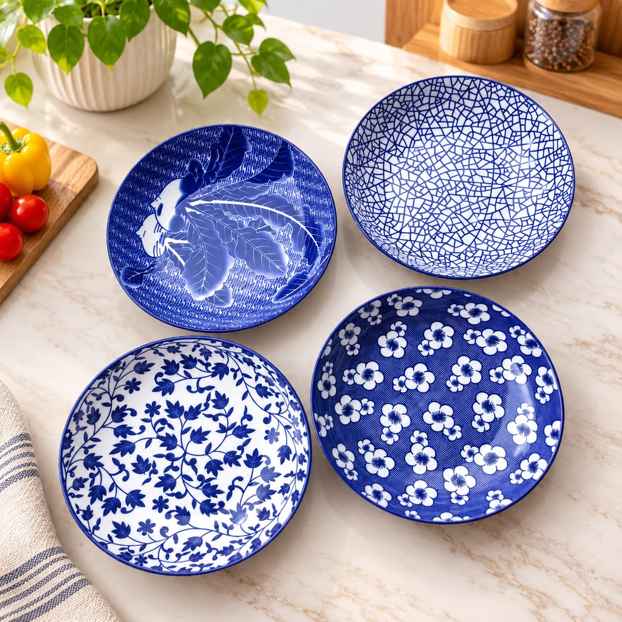 4 PCS Premium Printed Ceramic Dinner Plate Decorative Mandala Design Ceramic Serving Plates Microwave & Dishwasher Safe Ideal for Dining,Snacks,Dessert (Blue & White, Pack of 4)-image-25