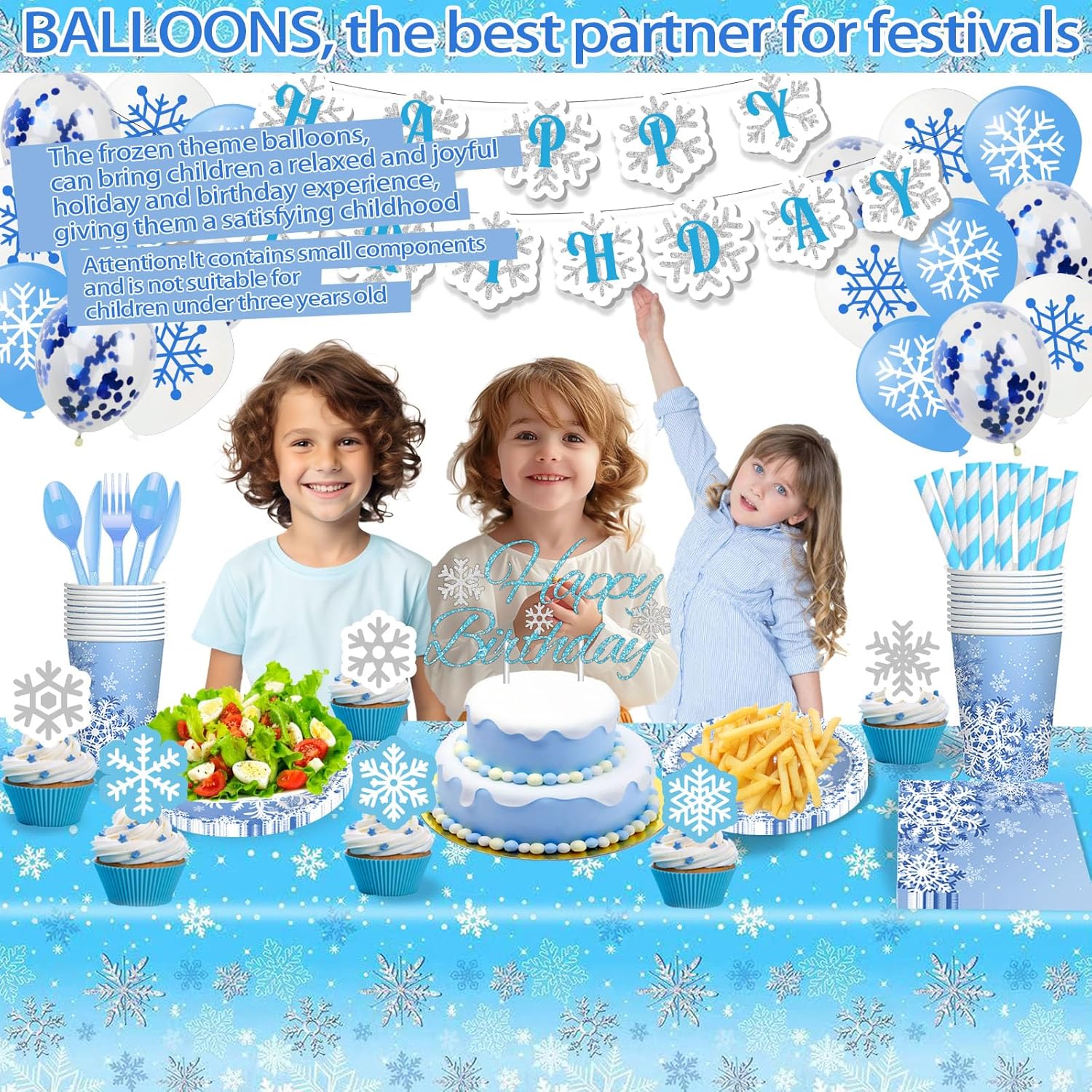 Frozen Birthday Party Supplies Winter Snowflake Party Decorations Include Plates Napkins Cups Forks Knives Spoons, Happy Birthday Banner, Cake Topper, Balloons, Tablecloths - Image 7