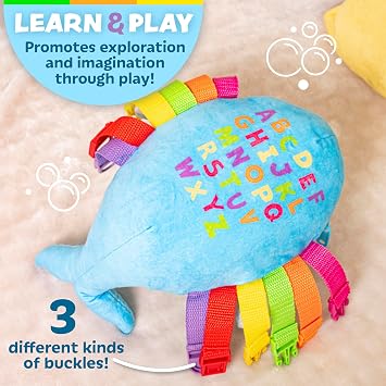 Buckle Toys, Bubbly Narwhal Plush Learning Toy, Develop Fine Motor Skills