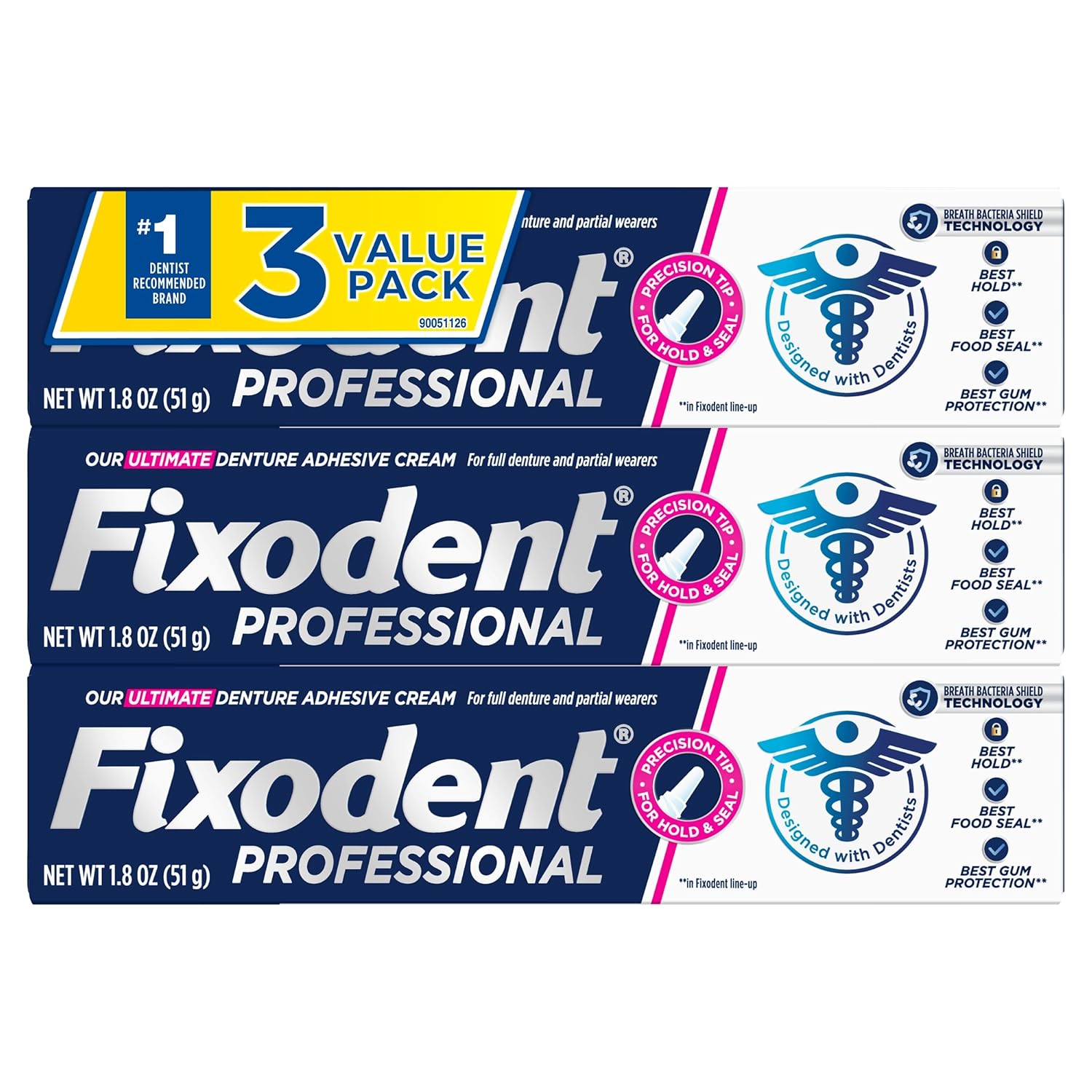 Professional Ultimate Denture Adhesive Cream for Strong, All-Day Hold for Full and Partial Dentures, 1.8 oz Tube with Breath Bacteria Shield and Precision Tip (3 Pack)