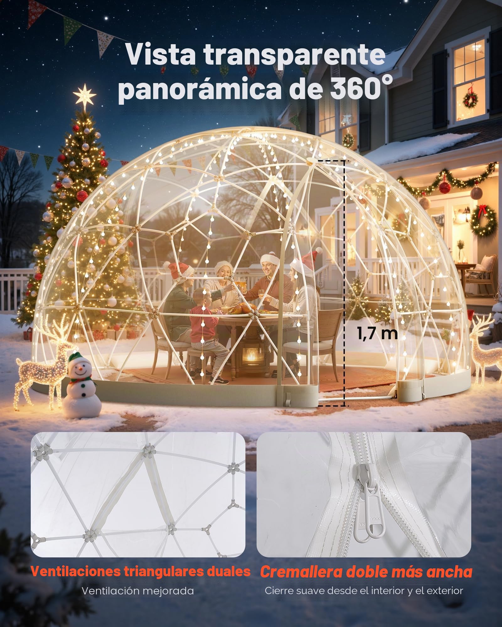 VEVOR Tienda de Campaña con Cúpula de Burbujas, 360 x 220 cm Tienda de Campaña Transparente de PVC para 4-7 Personas con Ventana para Exterior, Camping, Patio, Jardín, Fiesta, Cumpleaños, Boda