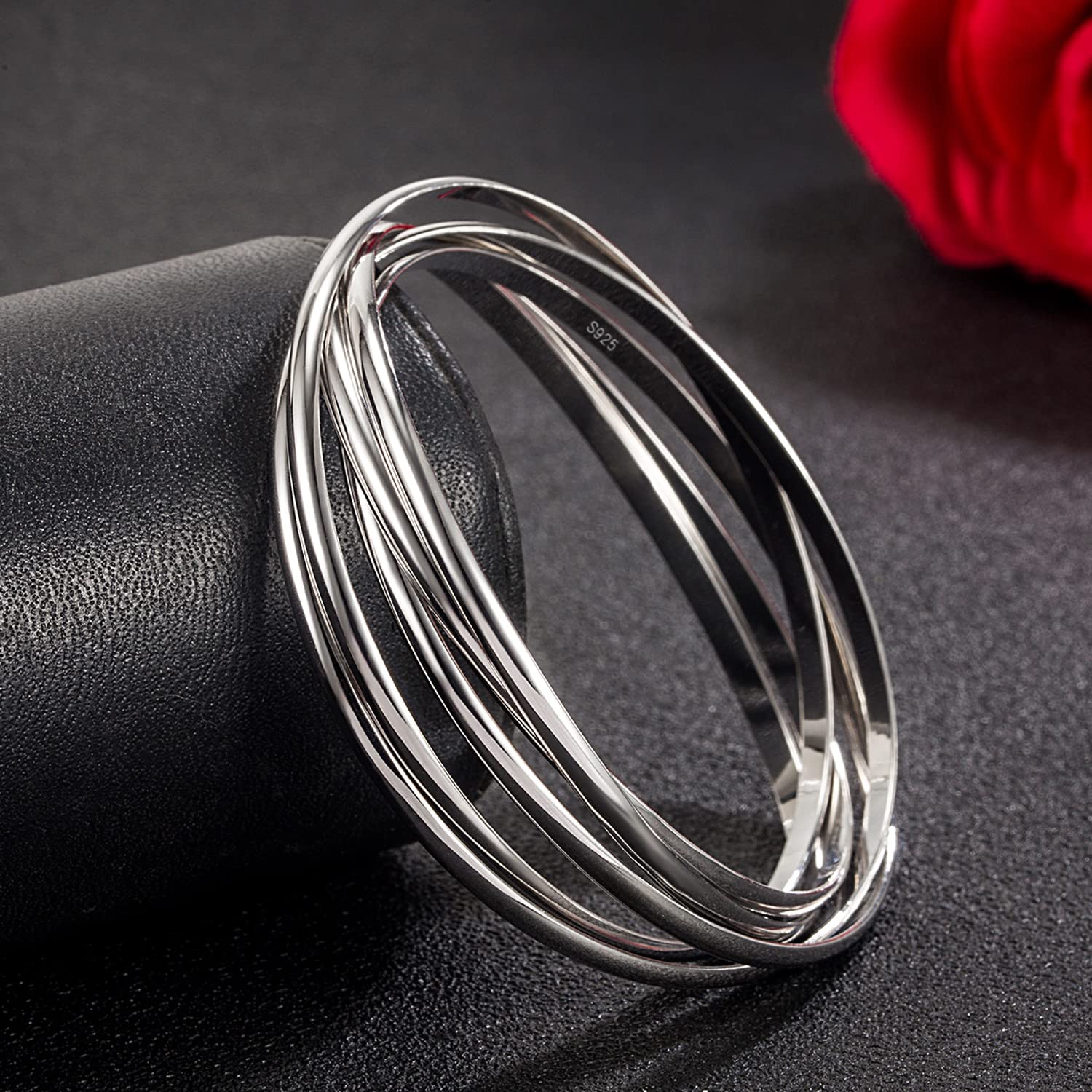 Dankadi Bracciale sottile - Set di 5 in 925 in argento dorato largo 3 mm, piatto semi-rotondo, 60 65 68 mm, diametro a cerchio 5 pezzi di polsino liscio semplice classico per donna madre