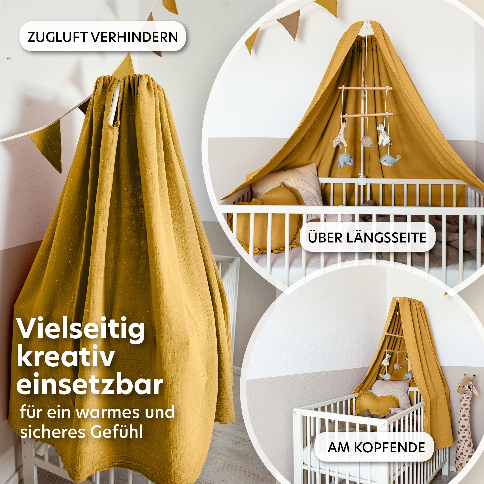 lilimaus Betthimmel Babybett mit Gold Applikation in 12 Farben [inkl. Himmelstange] - Himmel Babybett aus 100% Baumwolle Musselin für Mädchen & Jungen - Himmelbett mit Stange - Kinder Babyzimmer Deko