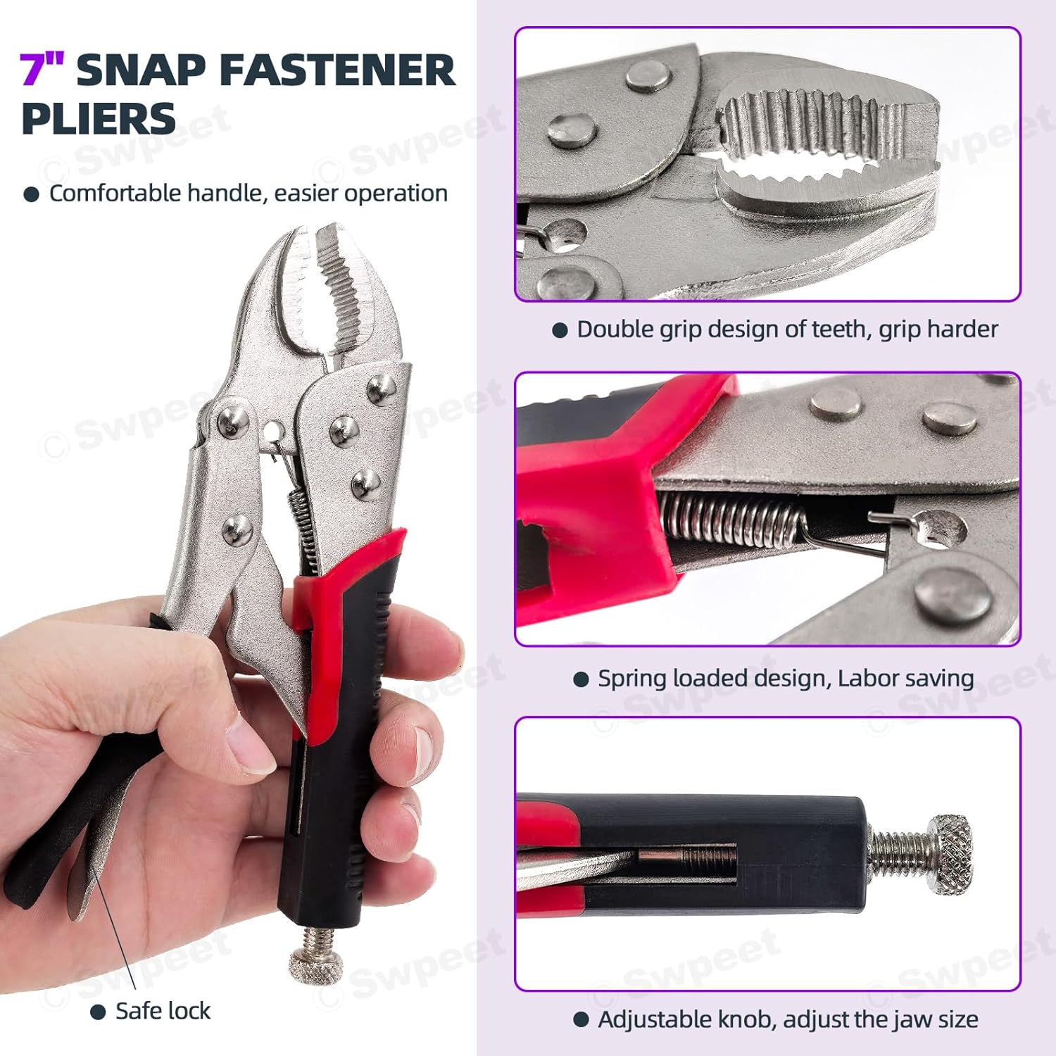Swpeet 57Pcs 5 Size Heavy Duty Double Snap Grip Nylon Hose Clamps and 7" Curved Jaw Locking Pliers Assortment Kit, Adjustable Ratcheting Hose Clamp, Vice Grips Pliers, Snap Fastener