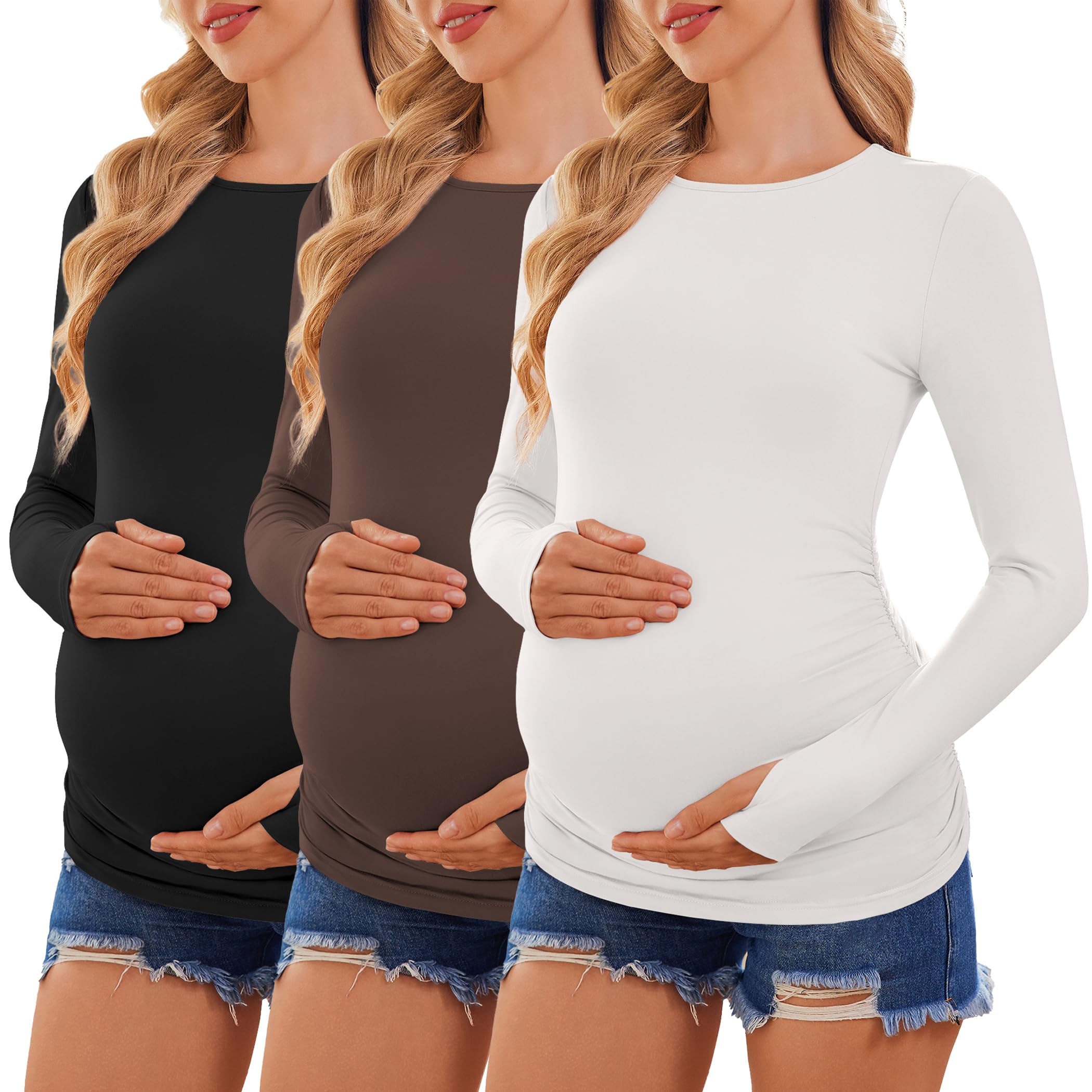 Ekouaer 3 Pack Maternity Shirts Womens Long Sleeve Pregnancy Tops Crew Neck Casual Clothes Ruched Side Tee