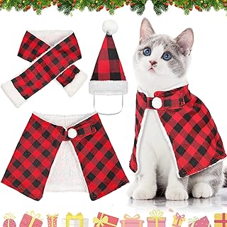 Weewooday 3 Pieces Christmas Plaid Cat Costume Kitten Outfit Includes Santa Hat Puppy Scarf Dog Cape Classic Plaid Pet Christmas Outfits for Dogs Cats Puppy Kitten Pets Christmas New Year Clothes