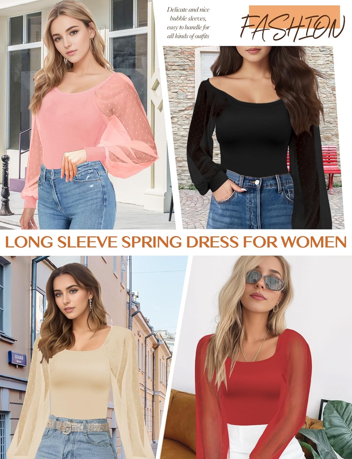 Womens Mesh Long Sleeve Shirts Dressy Tops, Casual Puff Sleeve Blouses Shirts for Women, Scoop Neck Casual Blouses Fall Tunic Tops (Black, 2XL) - Image 5