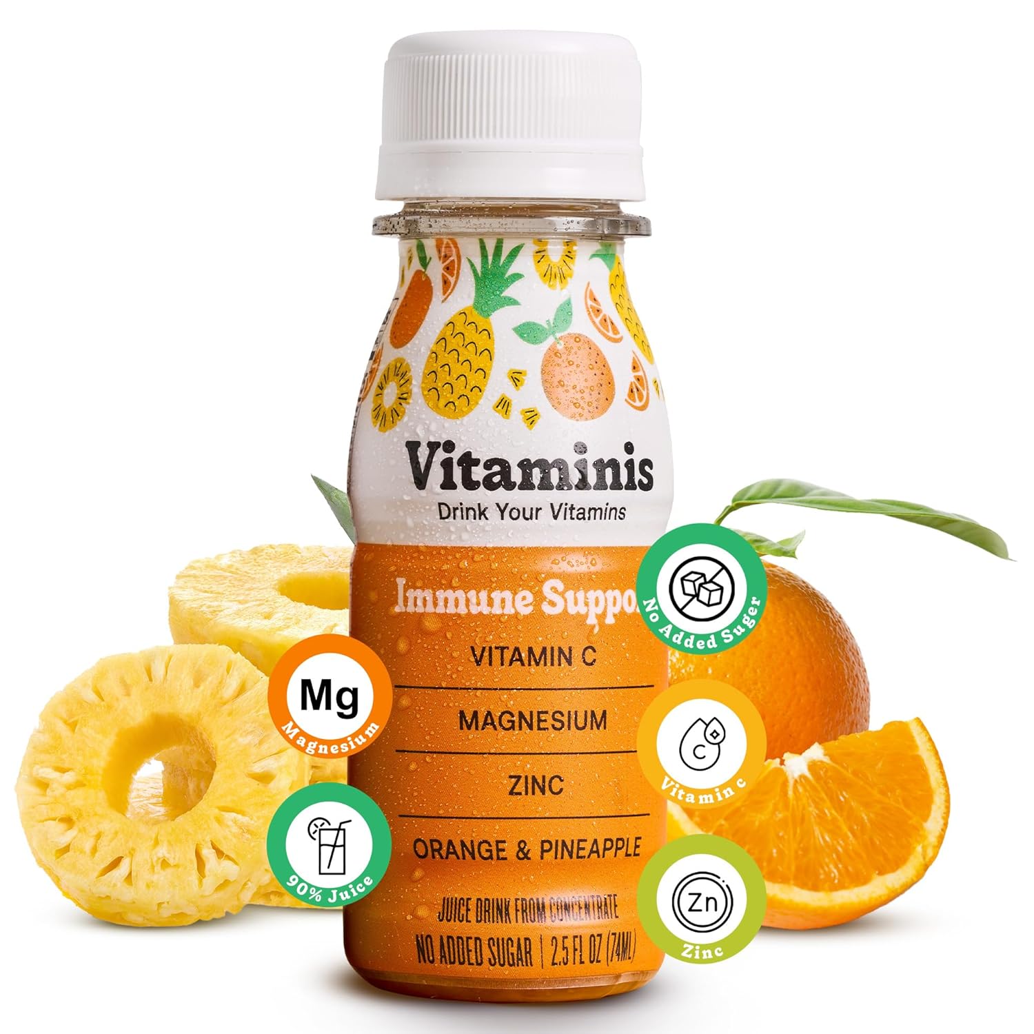Vitaminis Immune Support Drink - Orange Pineapple Juice Drink with Vitamin C, Zinc & Magnesium - No Added Sugar - Ages 4+ - Shelf-Stable Mini Bottles - 2.5 fl oz - 12 Pack