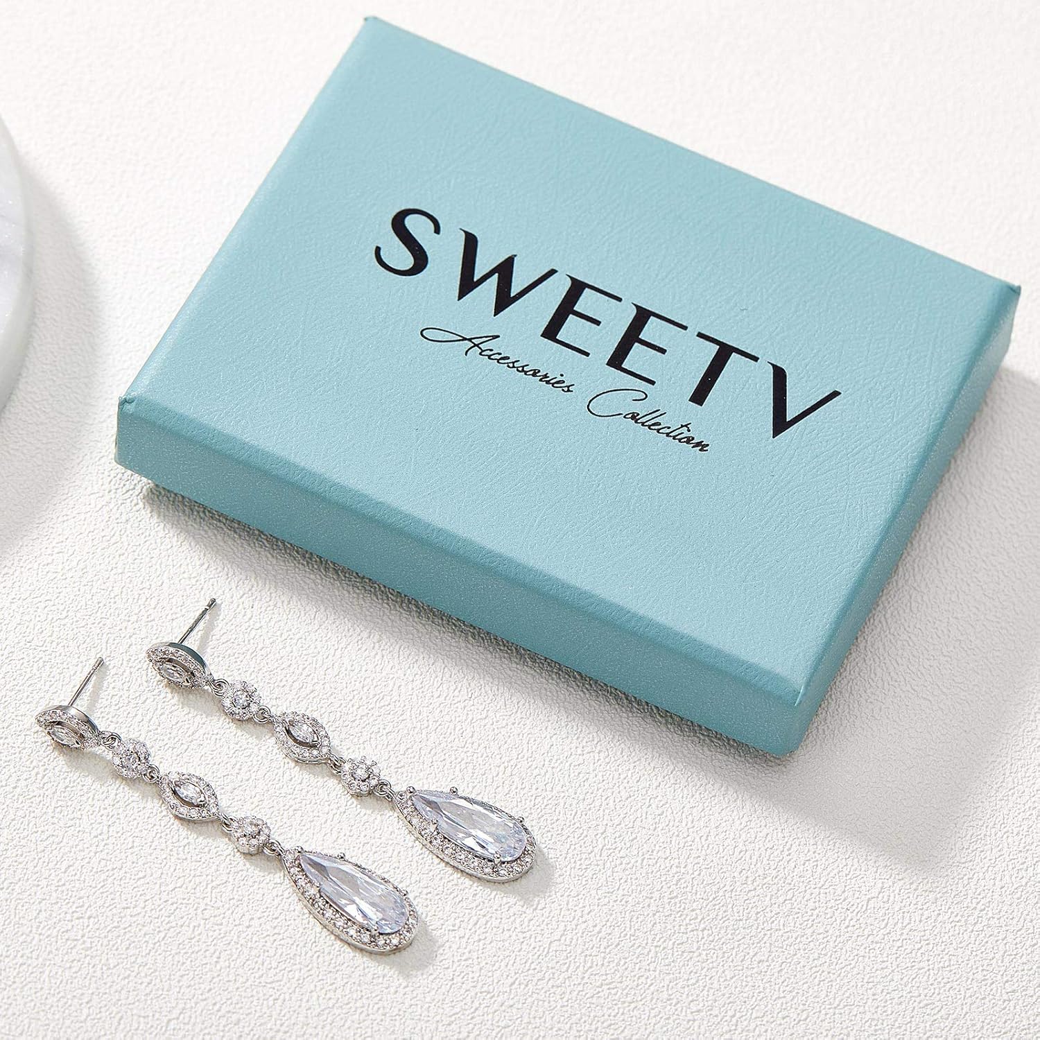 SWEETV Long Pear-Shaped Rose Gold Wedding Birdal Earrings for Brides, Bridesmaids, Crystal Chandelier Dangle Drop Earrings for Women Prom - Image 6