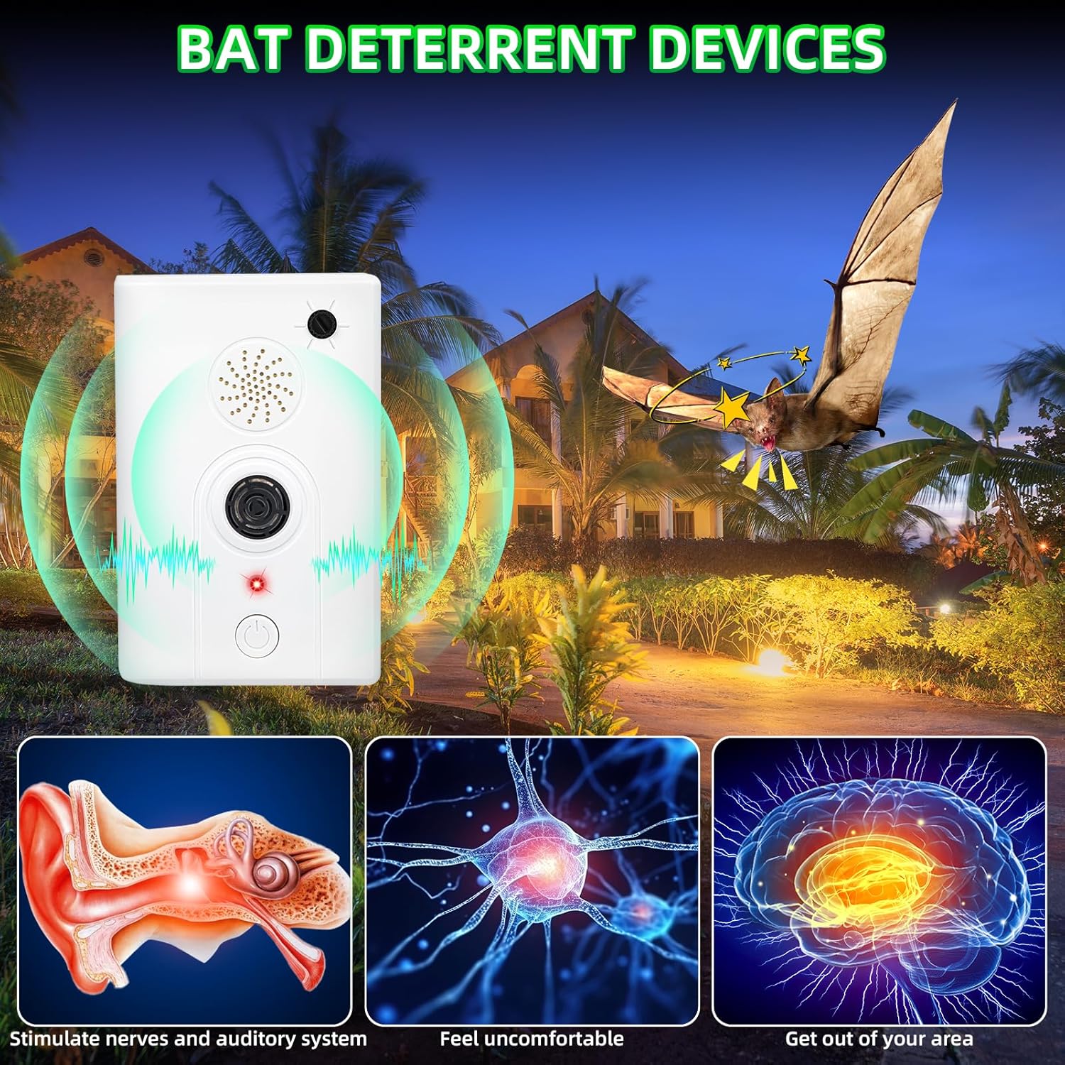 Ultrasonic Bat Repellent Deterrent Devices for Attic Home, 4 Pack Electronic Plug in Bat Repeller Bats Keep Away Removal Reject Repelling System for Porch House Outdoor Indoor,Human and Pet Safe