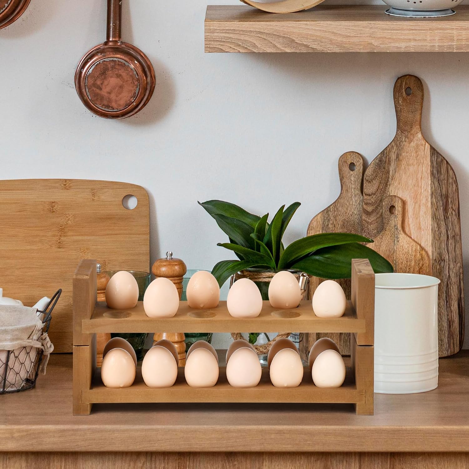 Sishynio Double Layer Egg Tray Holder Countertop, Wooden Fresh Egg Rack