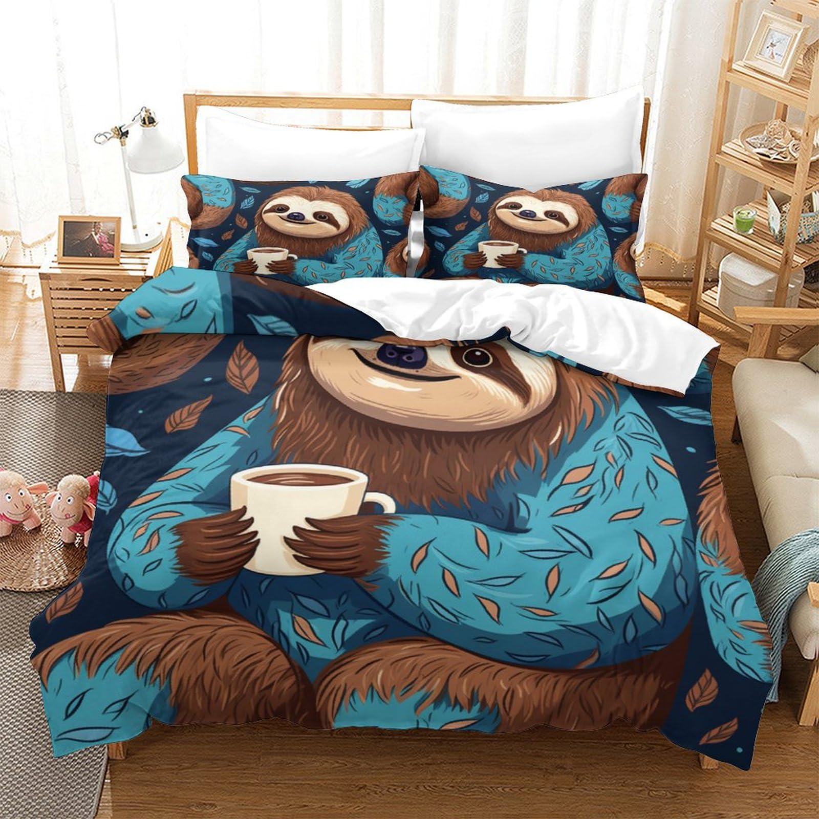 P1S9U7W5Y Cozy 3D Printed Sloth Duvet Cover Set 3pcs Microfiber Sloth Bedding Set King