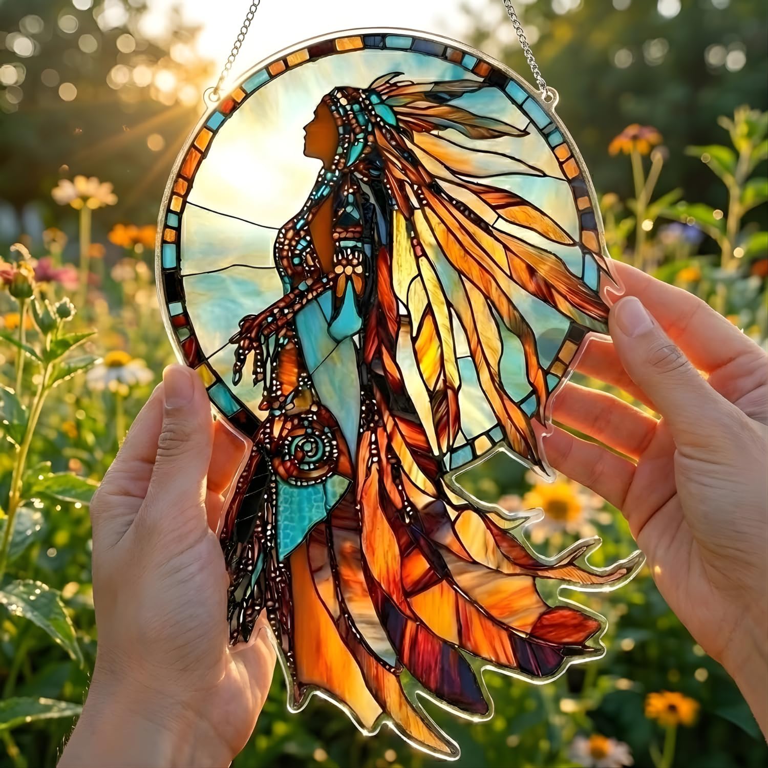 Native American Acrylic Suncatcher Colorful Window Hanging Ornament Sun Catcher Panel for Home Decor Car Garden Gift Native Horse Rider Faux Stained Glass Suncatcher