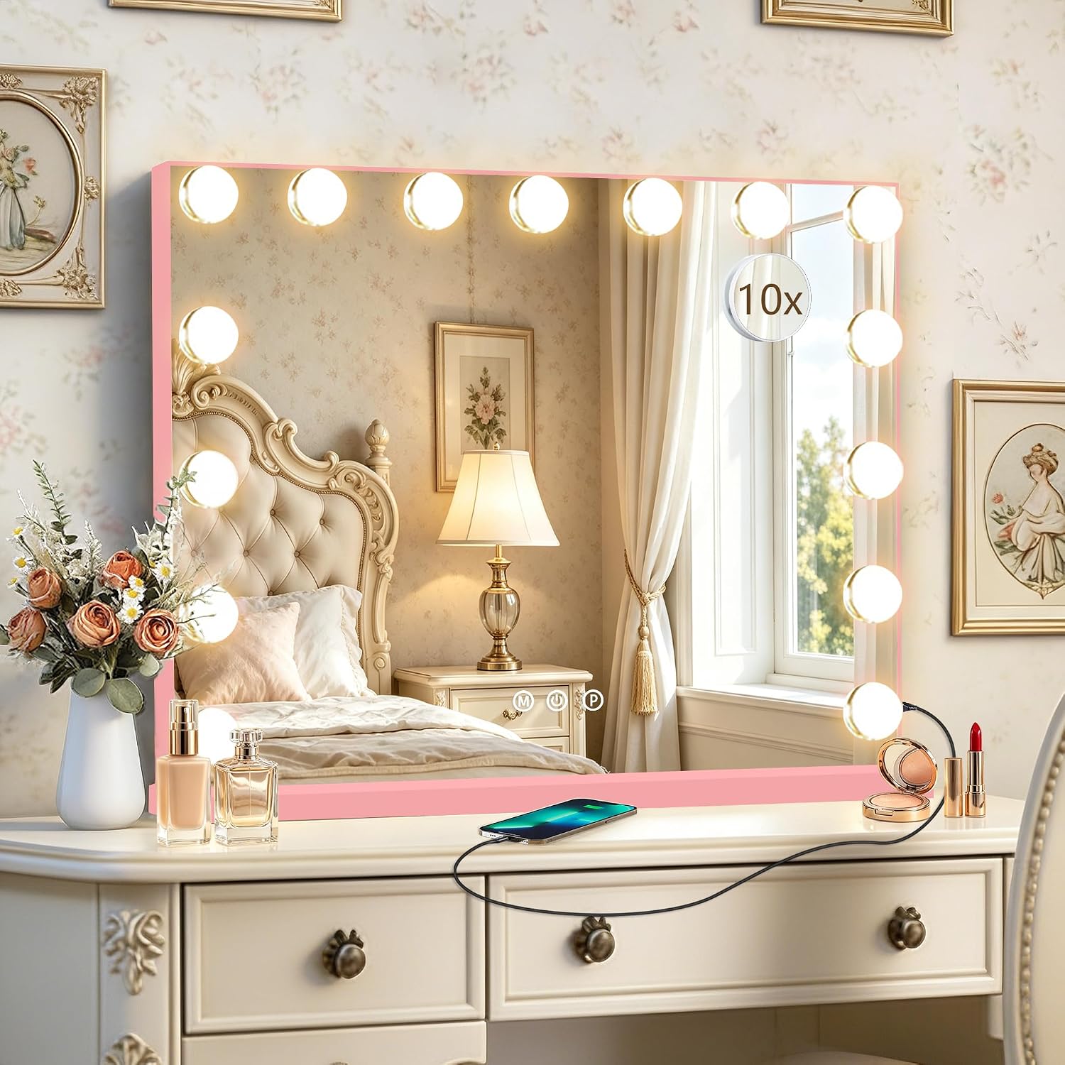 Ratsamee Pink Hollywood Vanity Mirror with Lights –23×18 Inch Light Up Makeup Mirror with 15 Dimmable LED Bulbs, Touchscreen Control, USB Charging Port