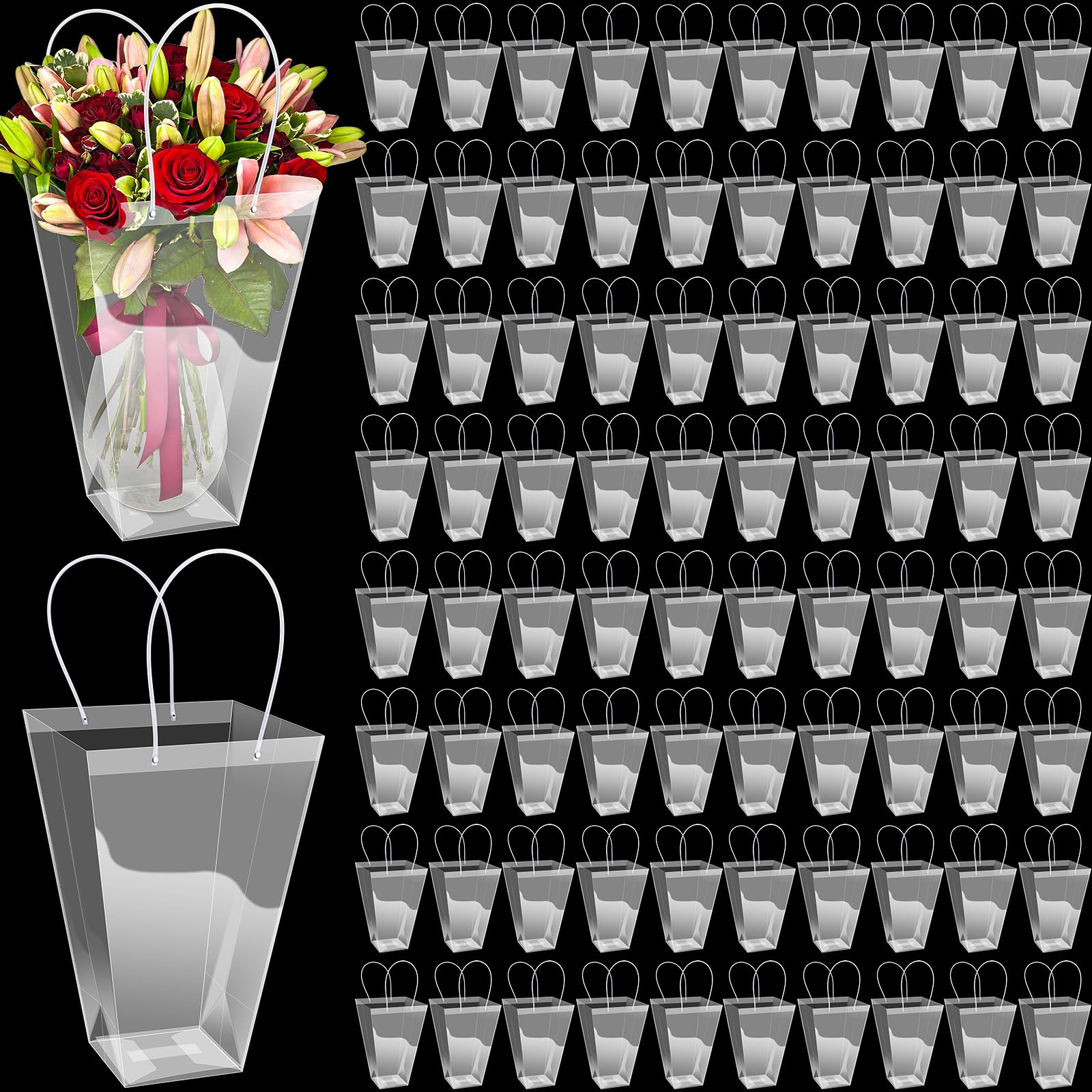 Yexiya 96 Pcs Floral Bags Valentine's Day Large Clear Flower Bouquet Bag Bulk with Handle Transparent Florist Gift Packaging Plastic Gift for Birthday Wedding Mother's Day, 11.4 x 5.9 x 16.7 Inch