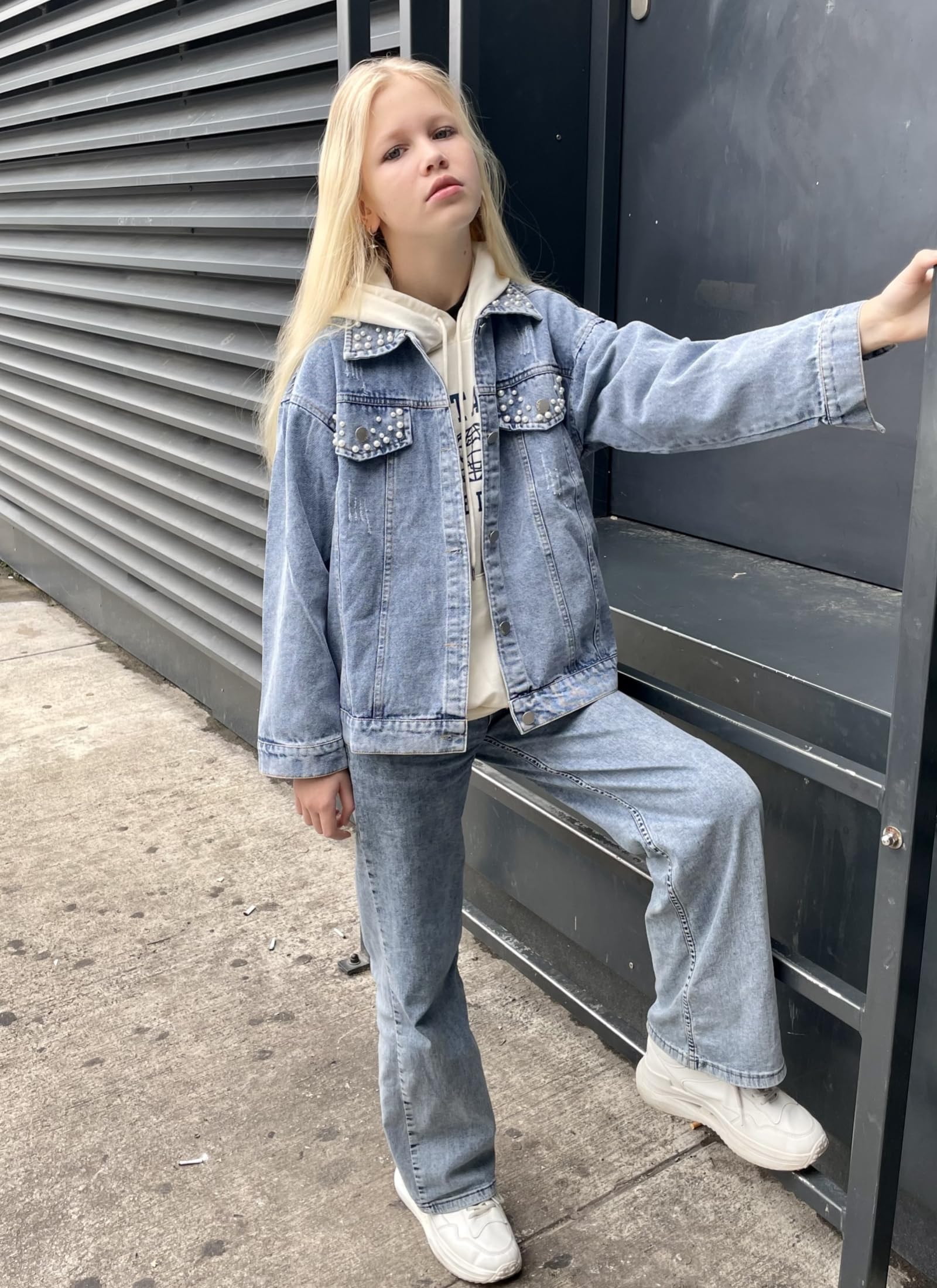 Rolanko Chaqueta Vaquera para Niñas, Chaqueta Jeans Básica Desgastada Outwear Camisas Vaqueras Abotonadas