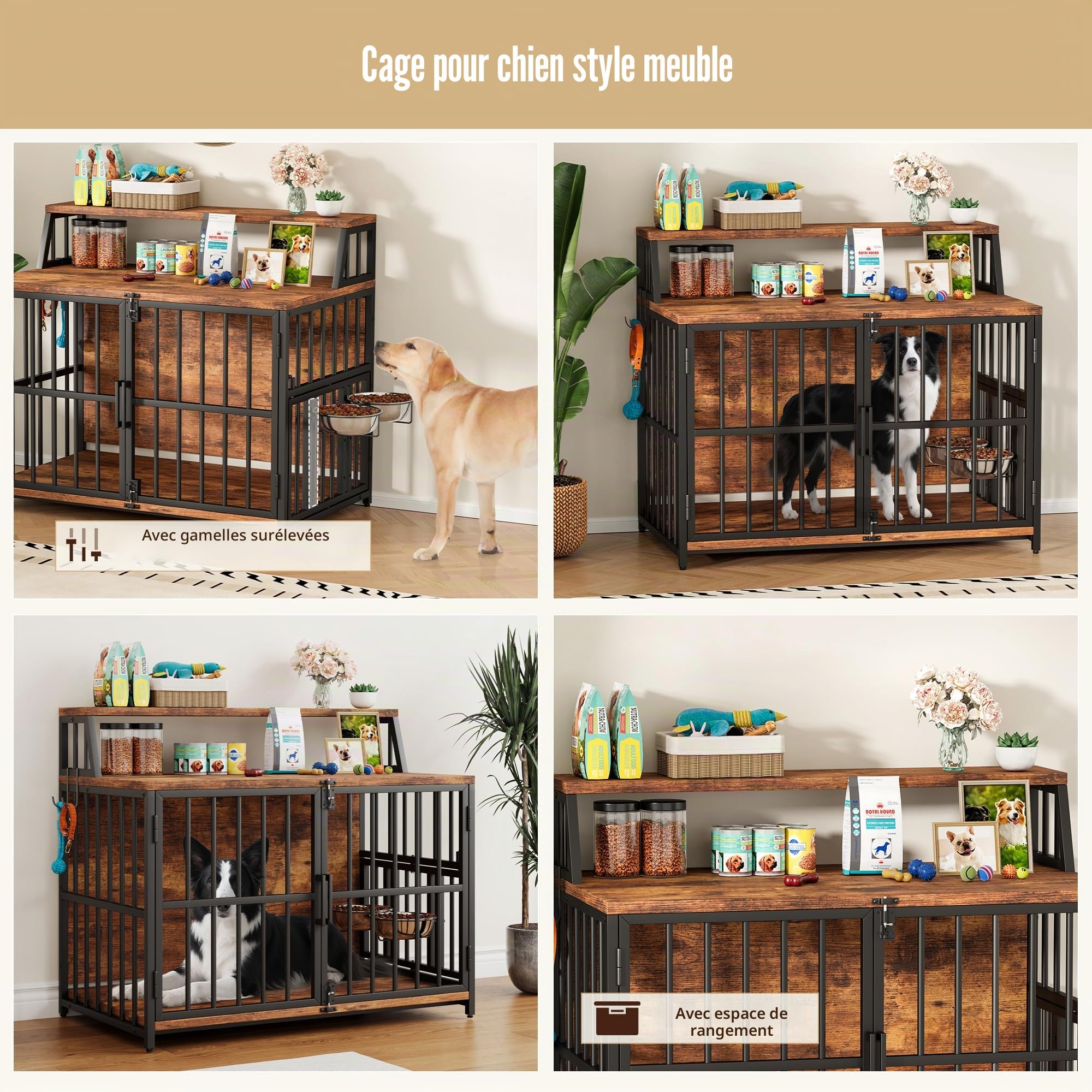 Cage pour chien, meuble pour la maison, 100 x 60 x 85 cm, cage pour chien en bois avec gamelles pivotantes, niche pour chien de style meuble avec espace de rangement pour chiens jusqu'à 35 kg