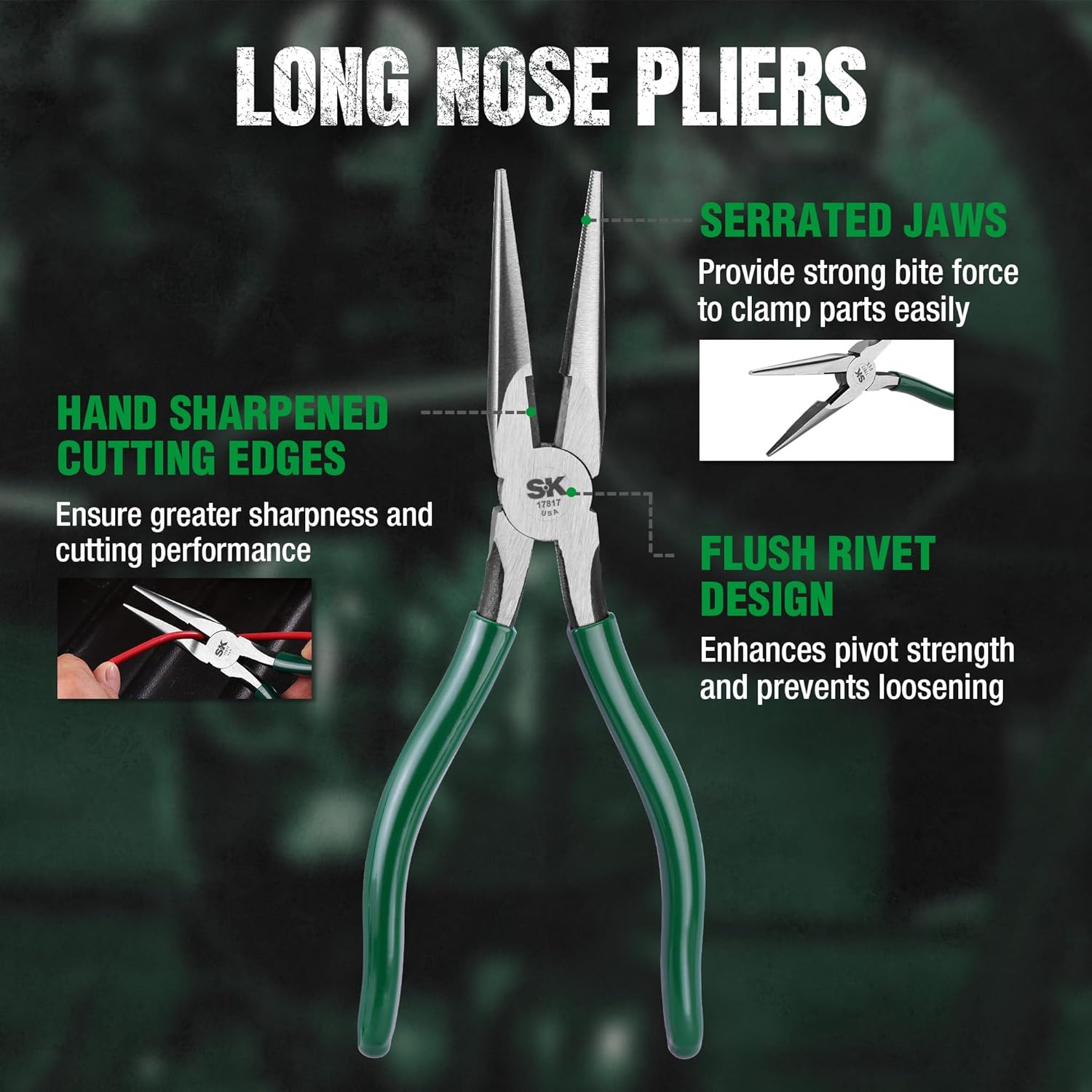 SK Tools USA 5-Piece Pliers Set, 6" Slip Joint, 7" Linesman, 8" Long Nose & Diagonal Pliers, and 10" Groove Joint, High Carbon Steel, with Rolling Pouch