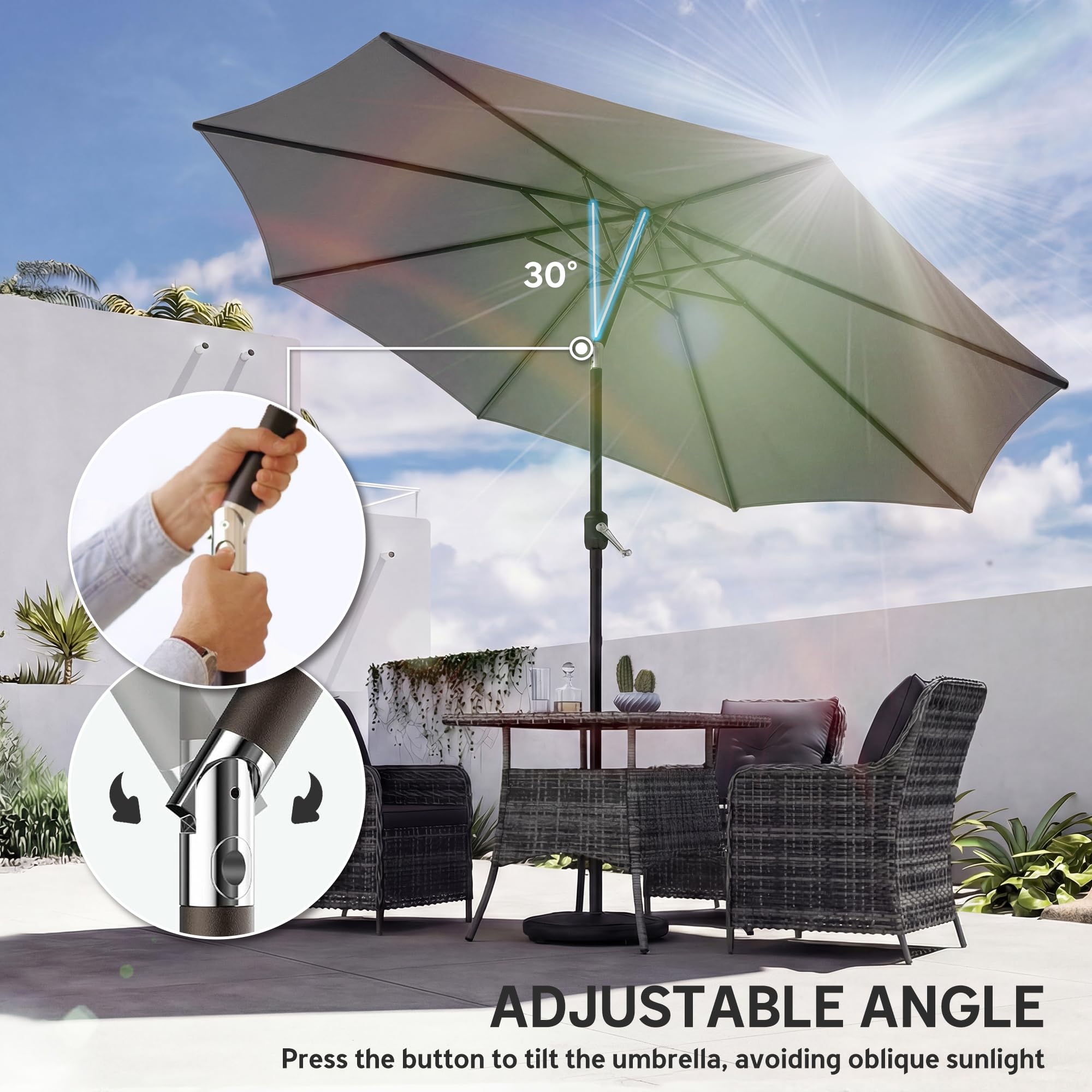 Outsunny 2.7 m Garden Parasol Umbrella with Cross Base and Sandbag, Retractable Ribs, Outdoor Table Market Patio Umbrella Sun Shade with 30 Degree Tilt and Crank, Vent — view 8