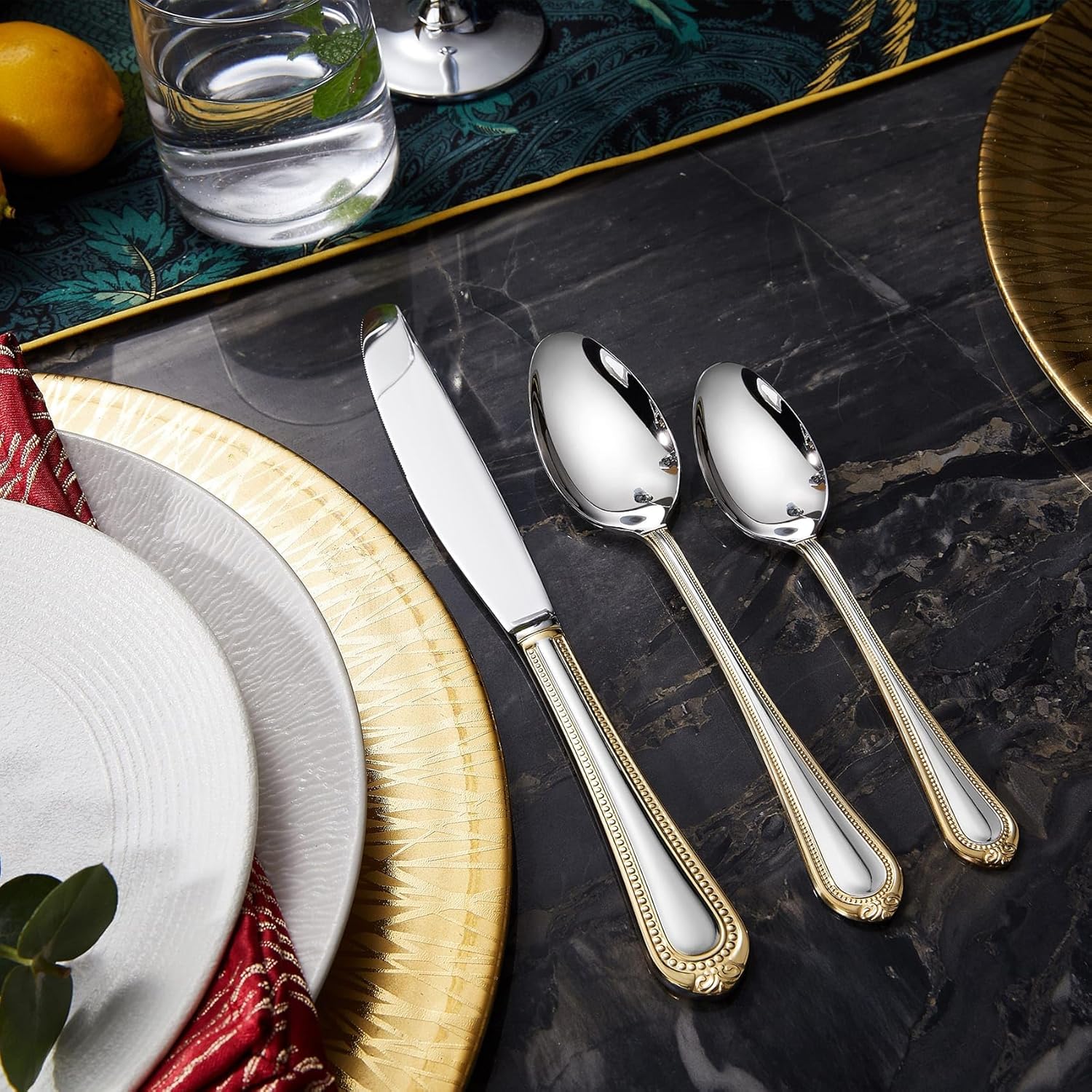 KEAWELL Pearl Edge Premium 45-Piece Refined Bead Silverware Set, 18/10 Stainless Steel, Service for 8, Fine Flatware Set with Serving Utensils, Dishwasher Safe (45, Gold Accent) Gold Accent 45 image 7 of 9 B0DBHS36FK