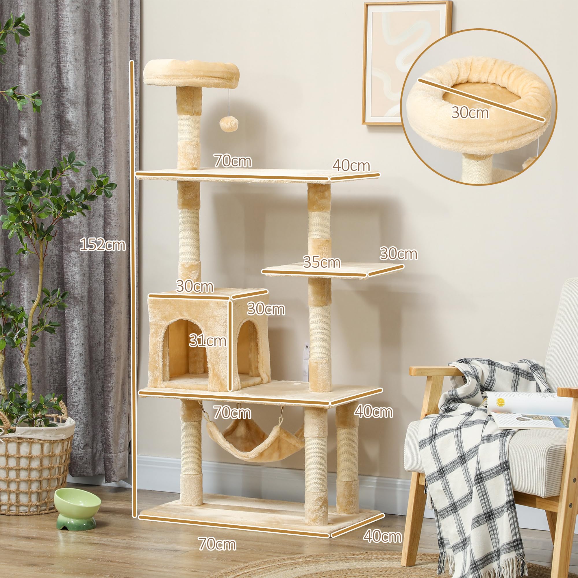 PawHut Albero Raschietto Gatto 152 x 70 x 40 cm Arboles rascadores Gatti Pelo e Giocare Nuovo