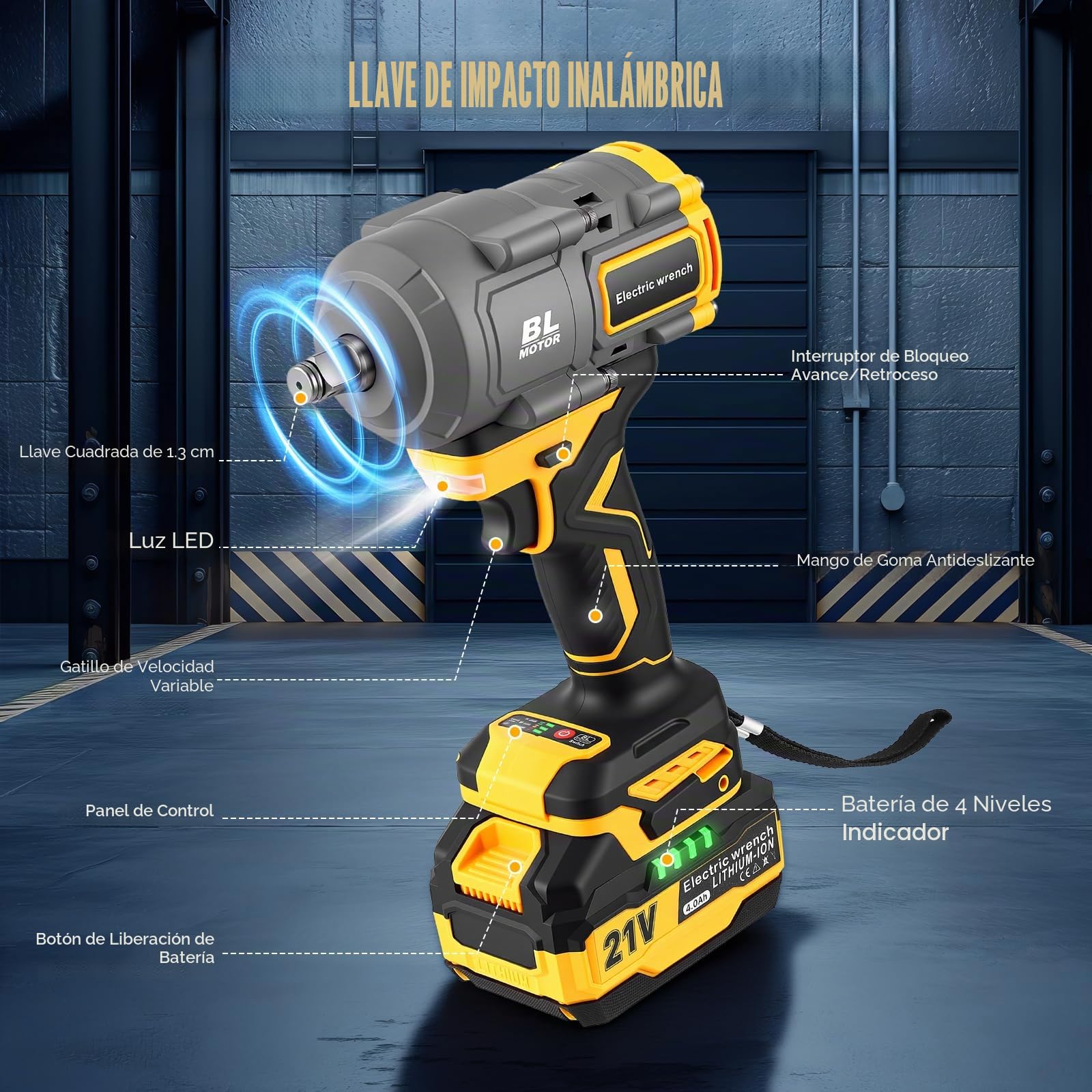 Llave de Impacto Inalámbrica 1600N.m con 2x 4.0Ah Baterías, 1/2 Pistola de Impacto Batería, 0-3000 RPM, Eléctrica Llave de Impacto con 5 Llaves y Caja de Carcaj, para Coches Camiones