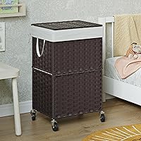 Vista 7 de Chrislley - Cesta de ropa delgada de 90 L con ruedas, canasta de lavandería con tapa y bolsa interior renovable, organizador de ratán tejido a mano