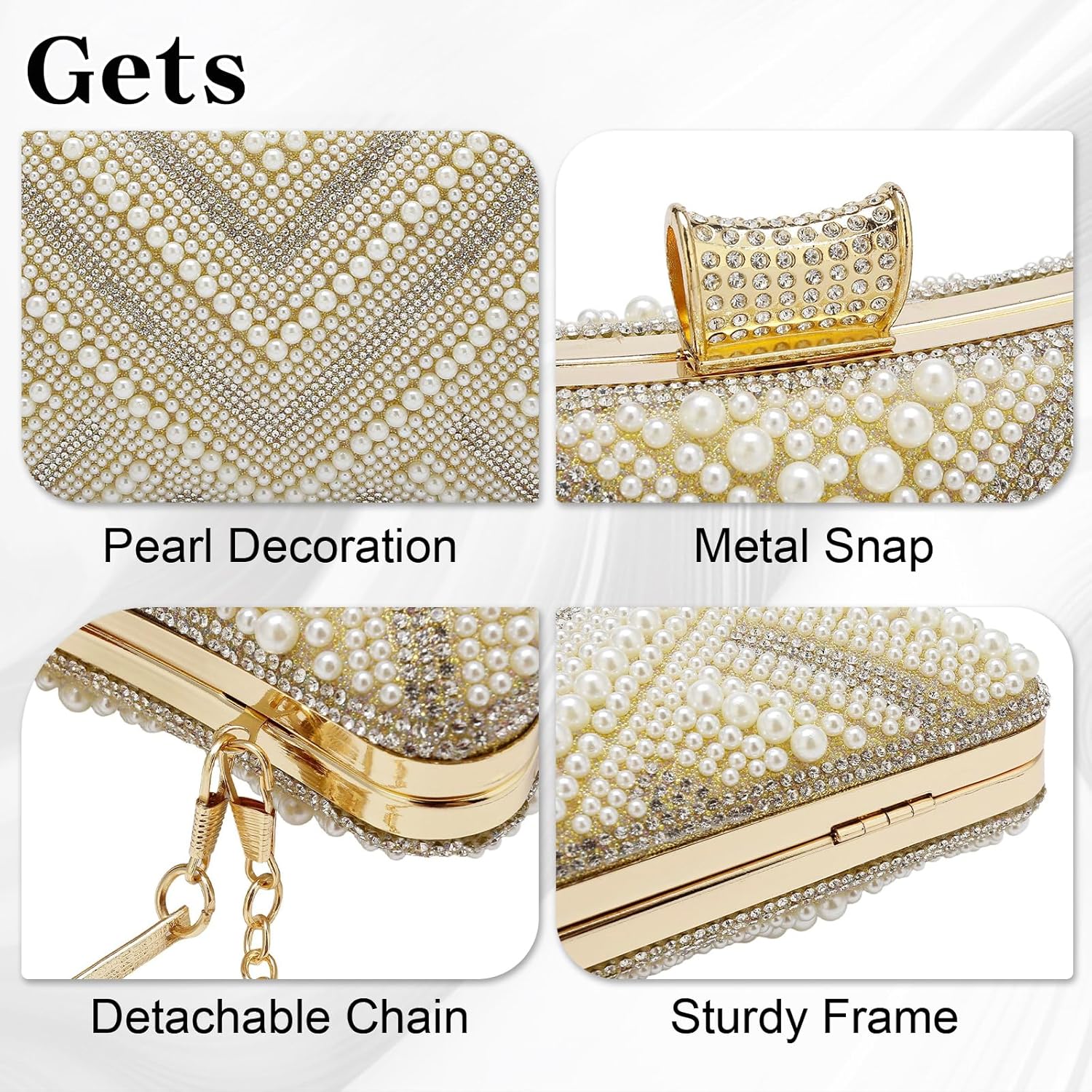 Gets White Pearl Clutch Purses for Women Wedding Bride Evening Bag Formal Party Clutches Tote Handbag Prom Shoulder Bags