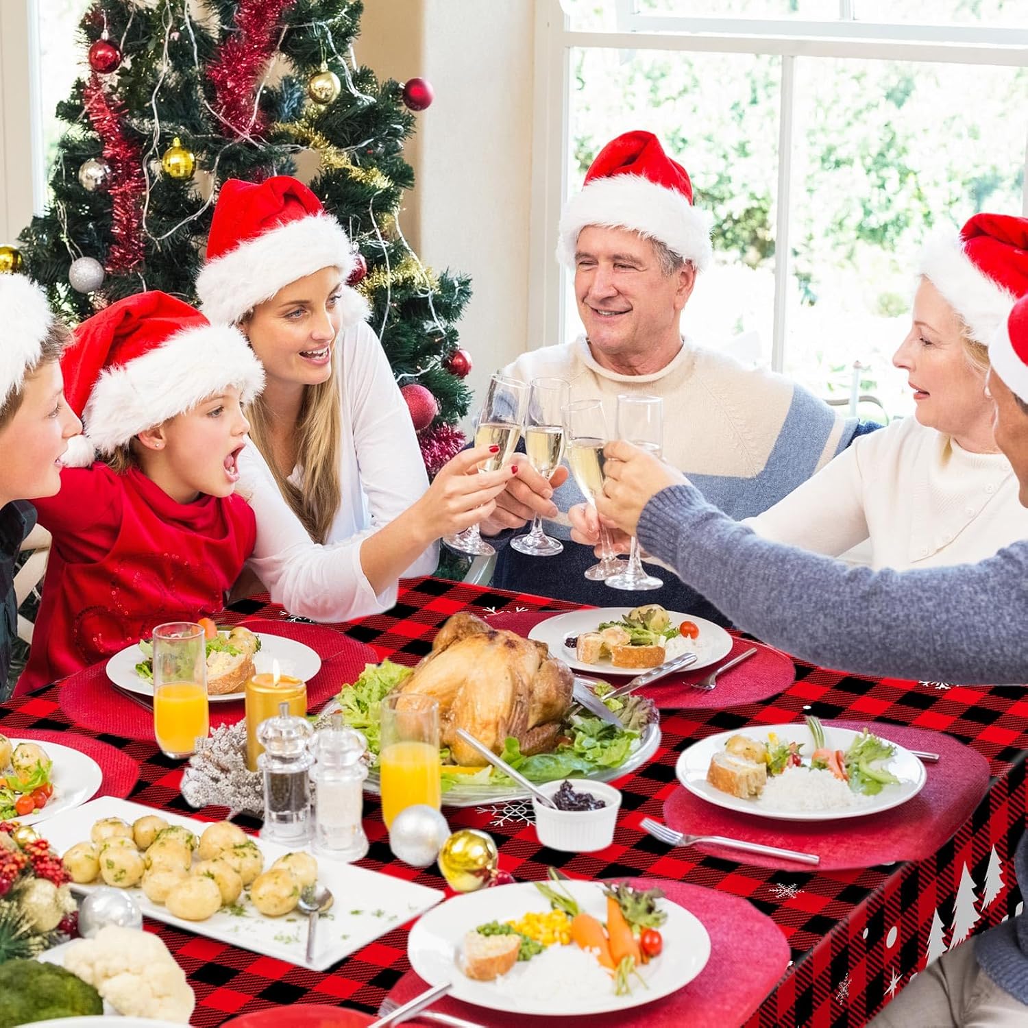Irenare 6 Pcs Christmas Tablecloth Red and Black Buffalo Plaid Table Cover Merry Christmas Plastic Disposable Snowflake Elk Gingham Table Cloth for Xmas Winter Holiday Party Supplies,54 x 108 Inch