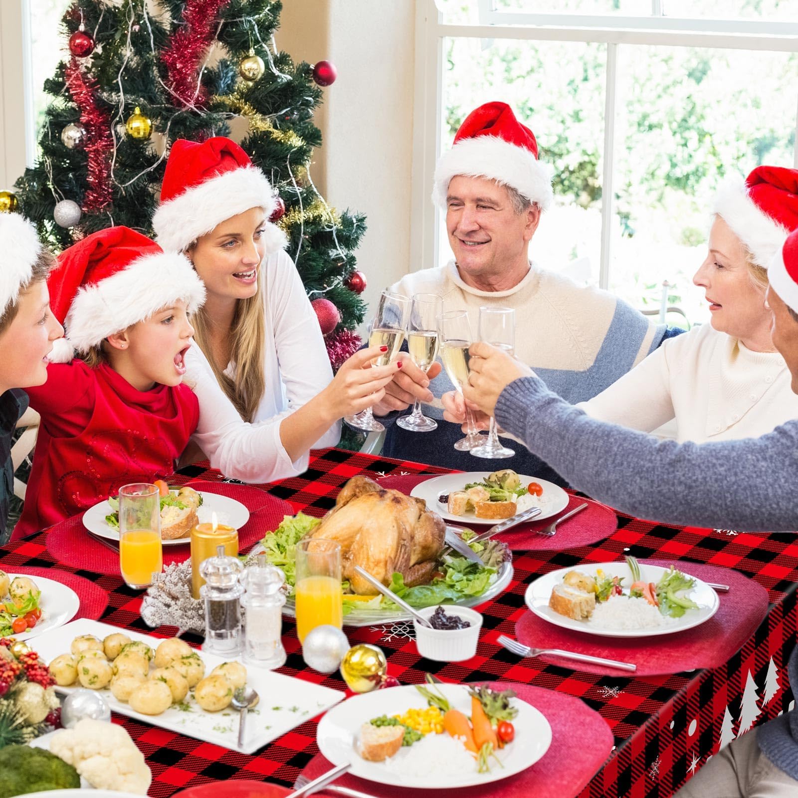 Irenare 6 Pcs Christmas Tablecloth Red and Black Buffalo Plaid Table Cover Merry Christmas Plastic Disposable Snowflake Elk Gingham Table Cloth for Xmas Winter Holiday Party Supplies,54 x 108 Inch
