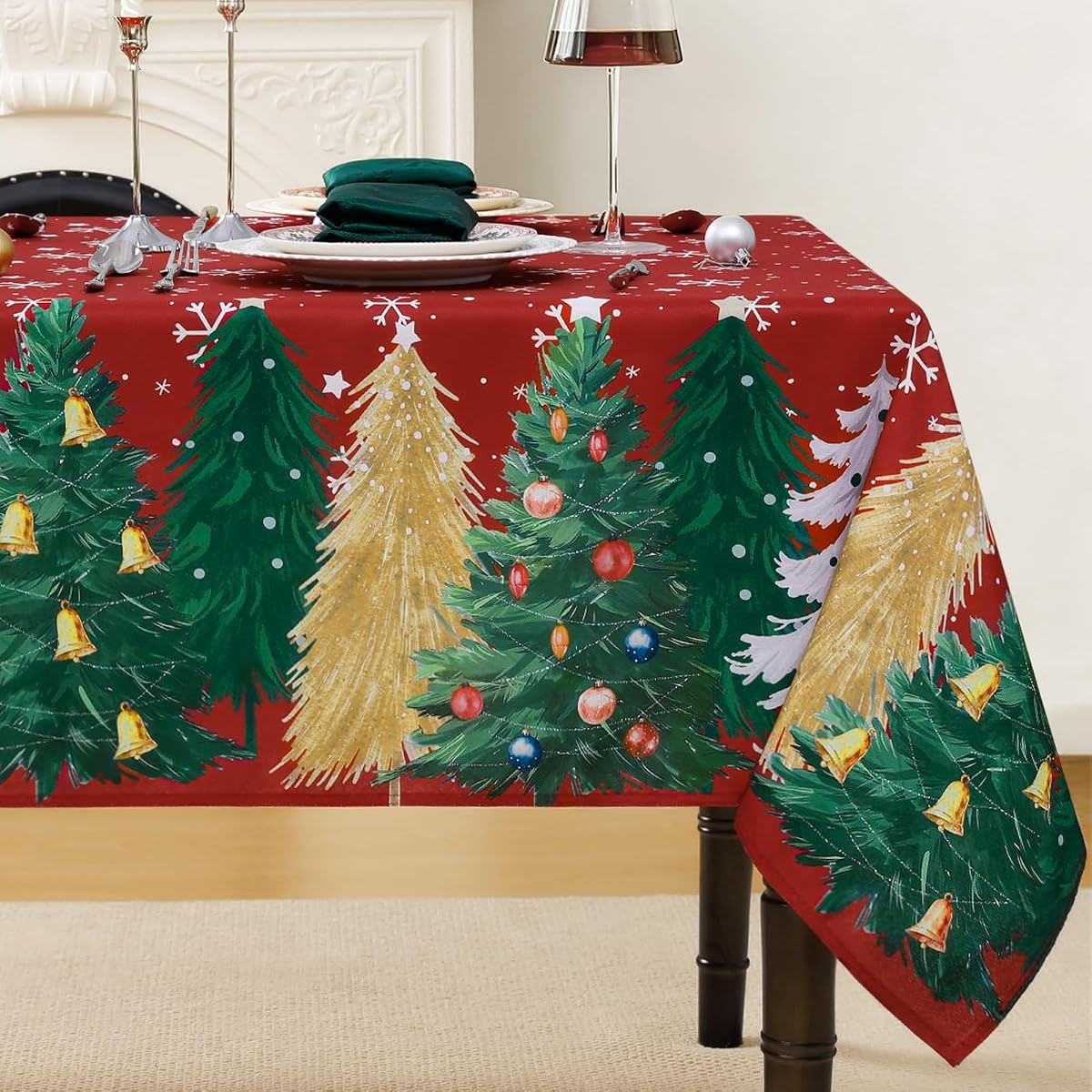 NOVILYS Mantel navideño rojo, mantel decorativo con estampado de árbol de Navidad y copo de nieve, resistente a las manchas, lavable, para mesa navideña, para comedor, decoración de fiesta, cena de Navidad, 60 x 84 pulgadas