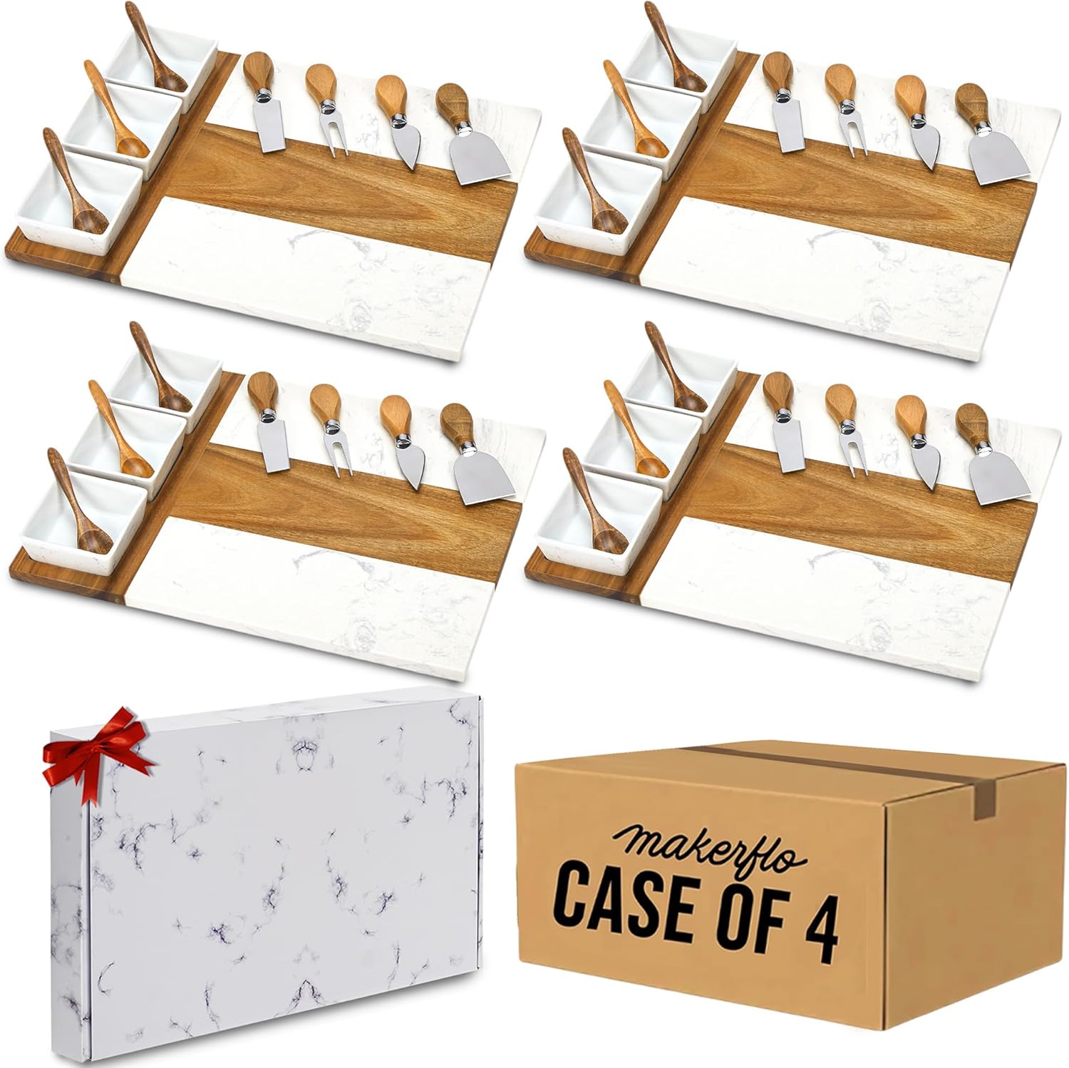 Makerflo Craftable 16.25 x 12 Inches Charcuterie Cheese Board Set- Acacia Wood Marble Design with 3 Bowls, 3 Spoons, 4 Utensils for DIY Personalization - Laser Engraving, Epoxy, UV DTF, Vinyl - 4 Pack